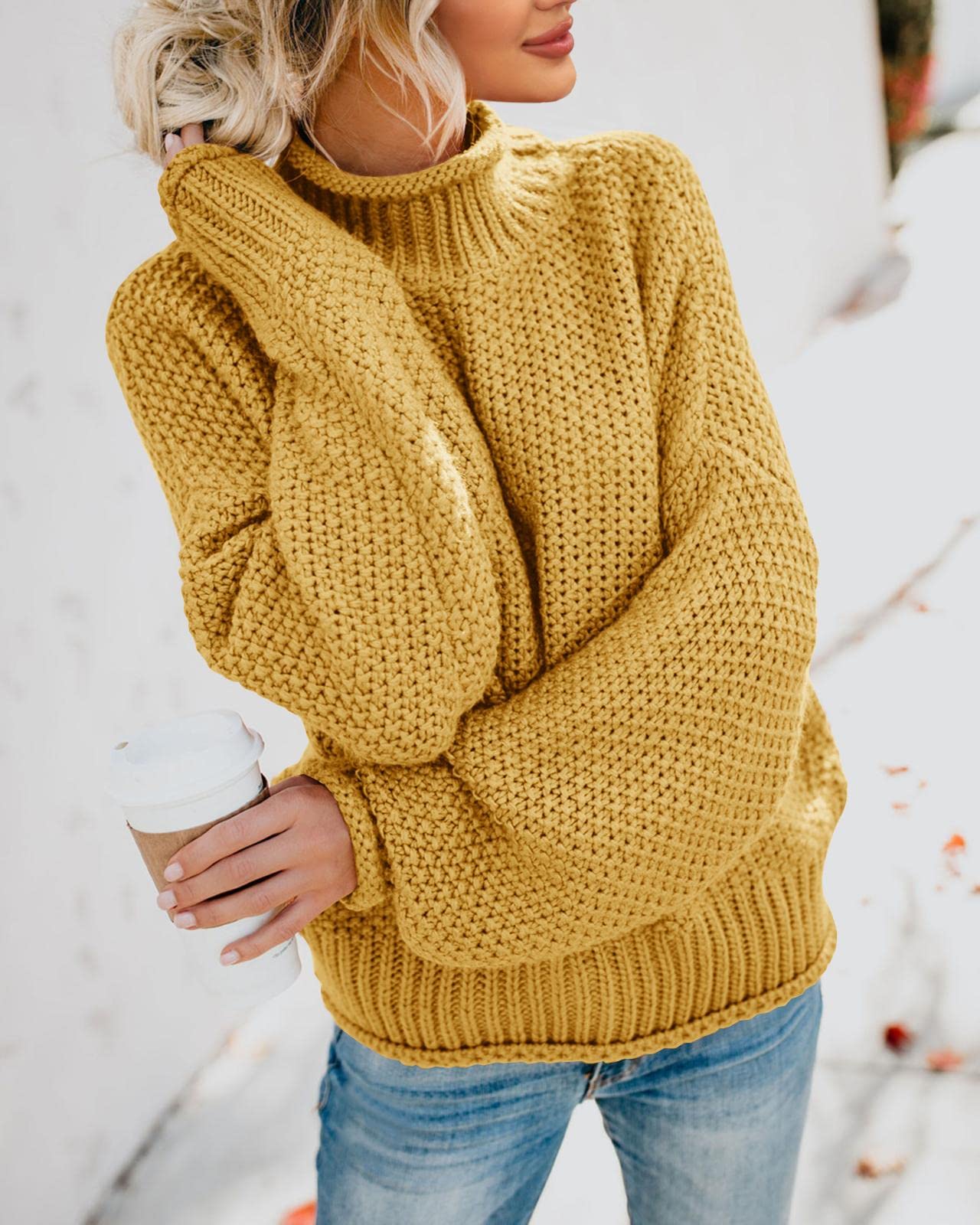 Foto 5 pulgar | Jersey Saodimallsu De Punto De Cuello Alto De Gran Tamaño Para Mujer, Amarillo - Venta Internacional.