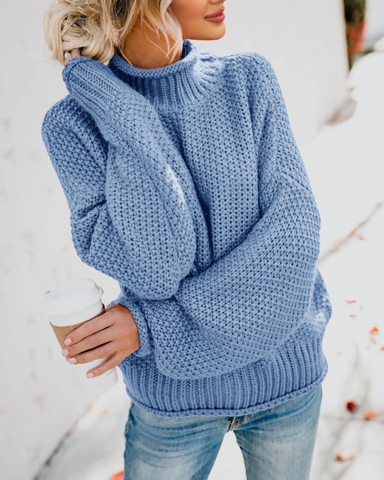 Foto 5 pulgar | Jersey Saodimallsu De Cuello Alto De Punto Azul Extragrande Para Mujer - Venta Internacional.