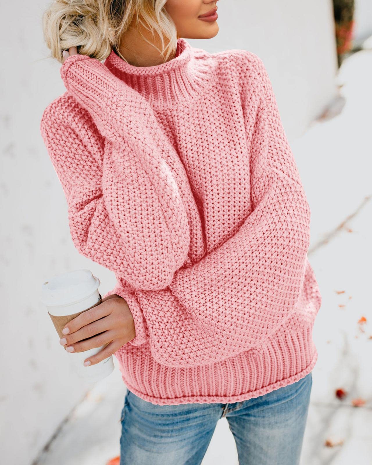 Foto 5 pulgar | Jersey Saodimallsu De Cuello Alto De Punto Rosa Extragrande Para Mujer - Venta Internacional.