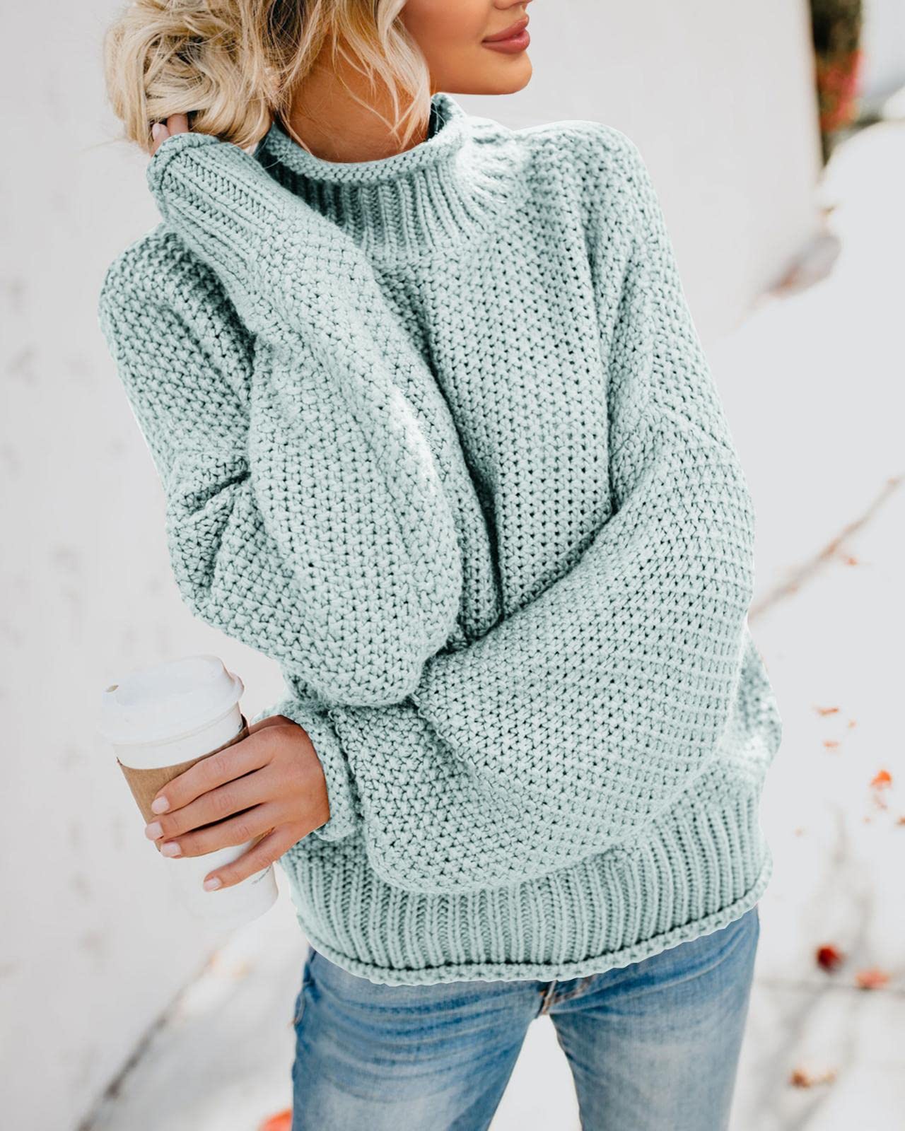 Foto 4 | Jersey Saodimallsu De Cuello Alto De Punto Verde Extragrande Para Mujer - Venta Internacional.