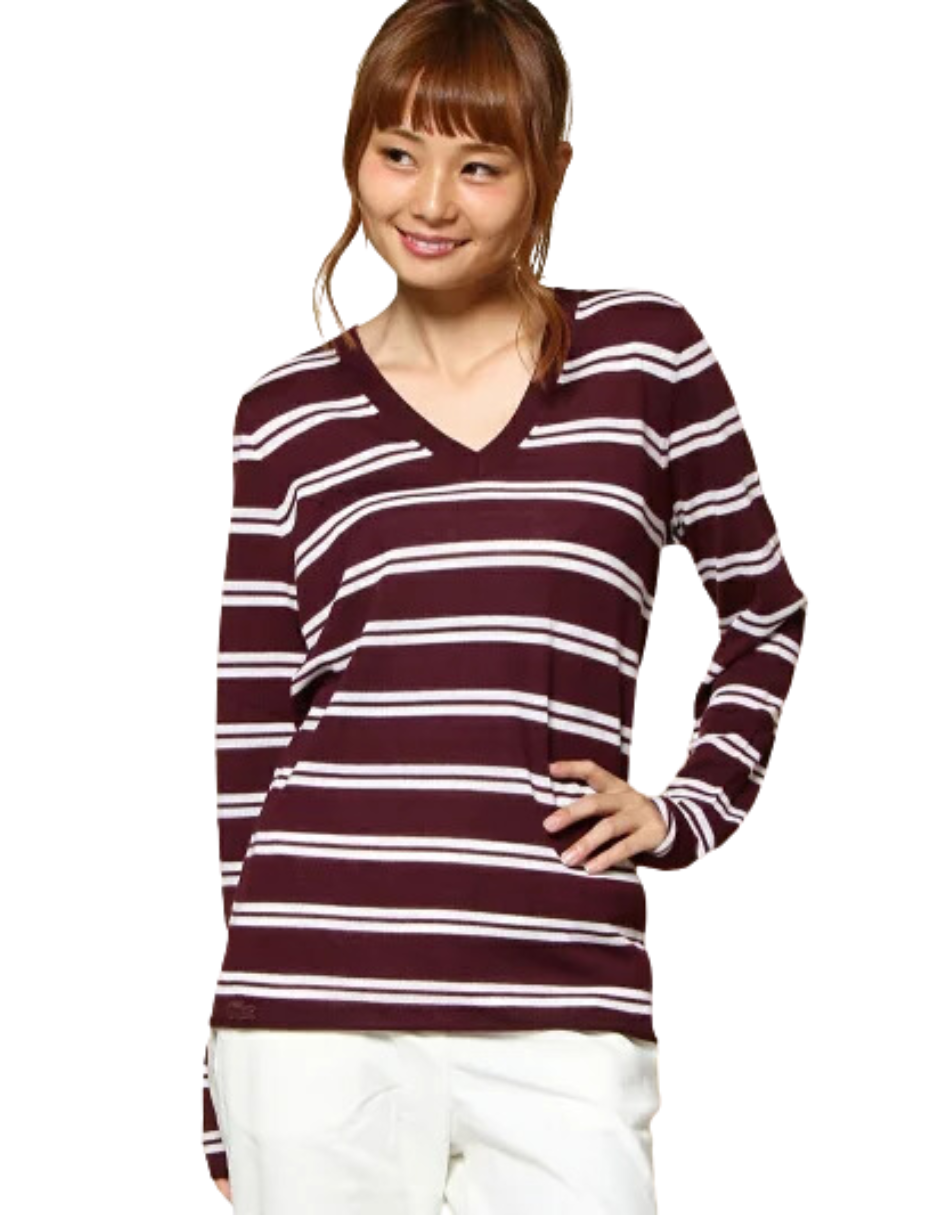 Foto 1 | Sueter Lacoste De Punto Fino A Rayas Color Vino Para Mujer