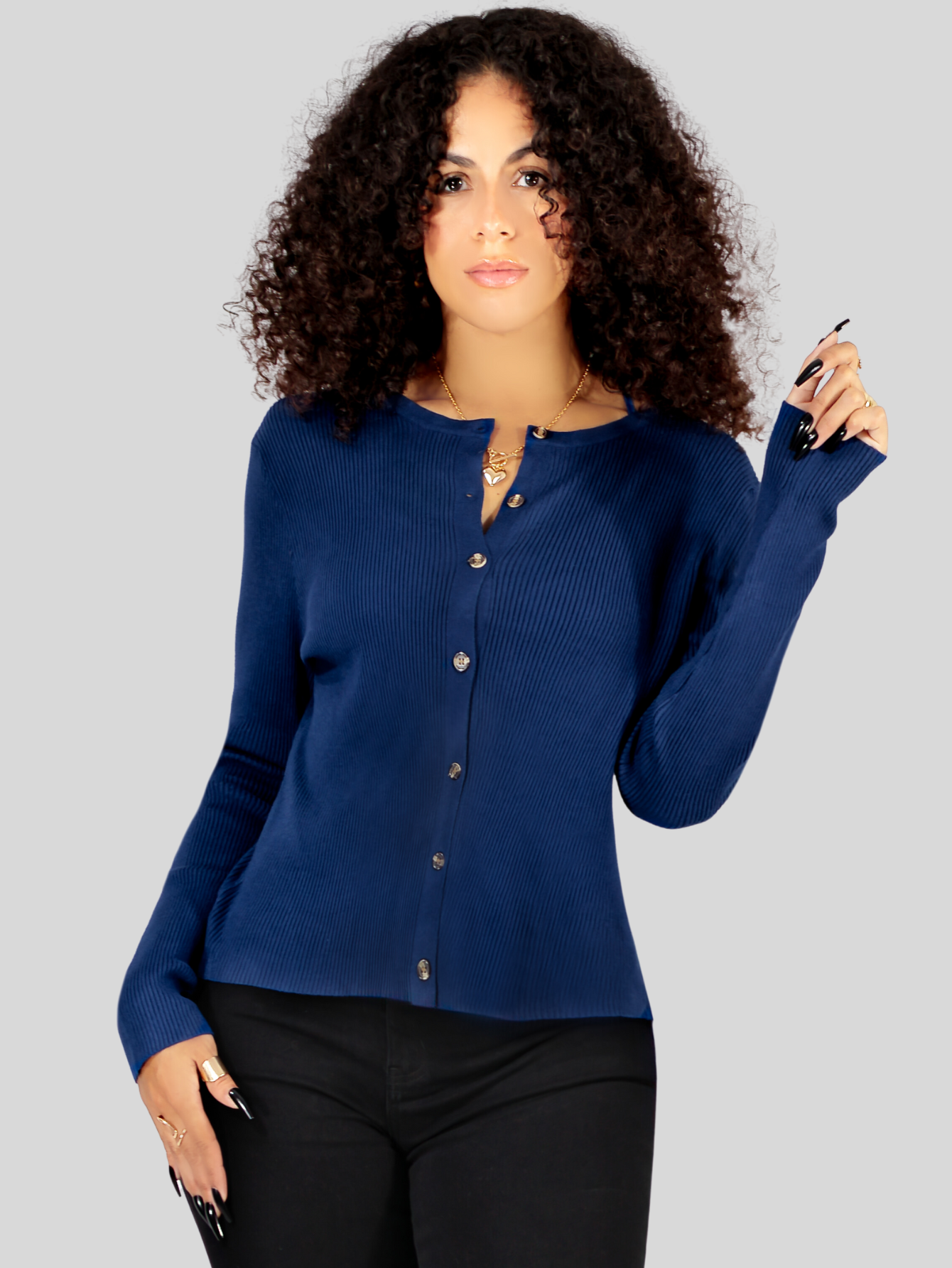 Foto 2 | Suéter Para Mujer De Manga Larga Con Botones A Juego Sweater Dama De Punto Abrigo Suéteres Suet-1037 Azul Marino