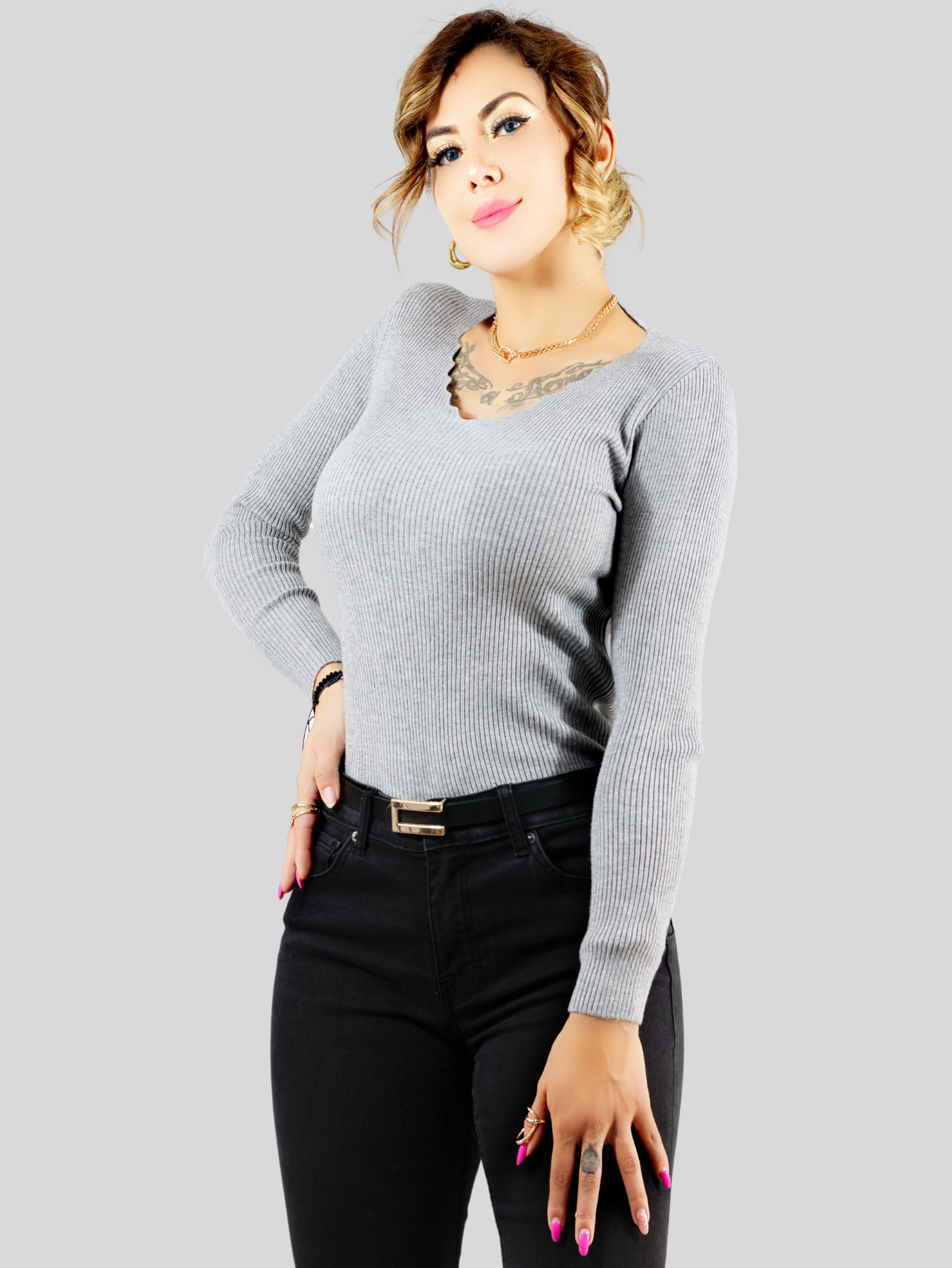 Foto 3 pulgar | Suéter Cuello V Suet-1011-gris Sweaters para Mujer