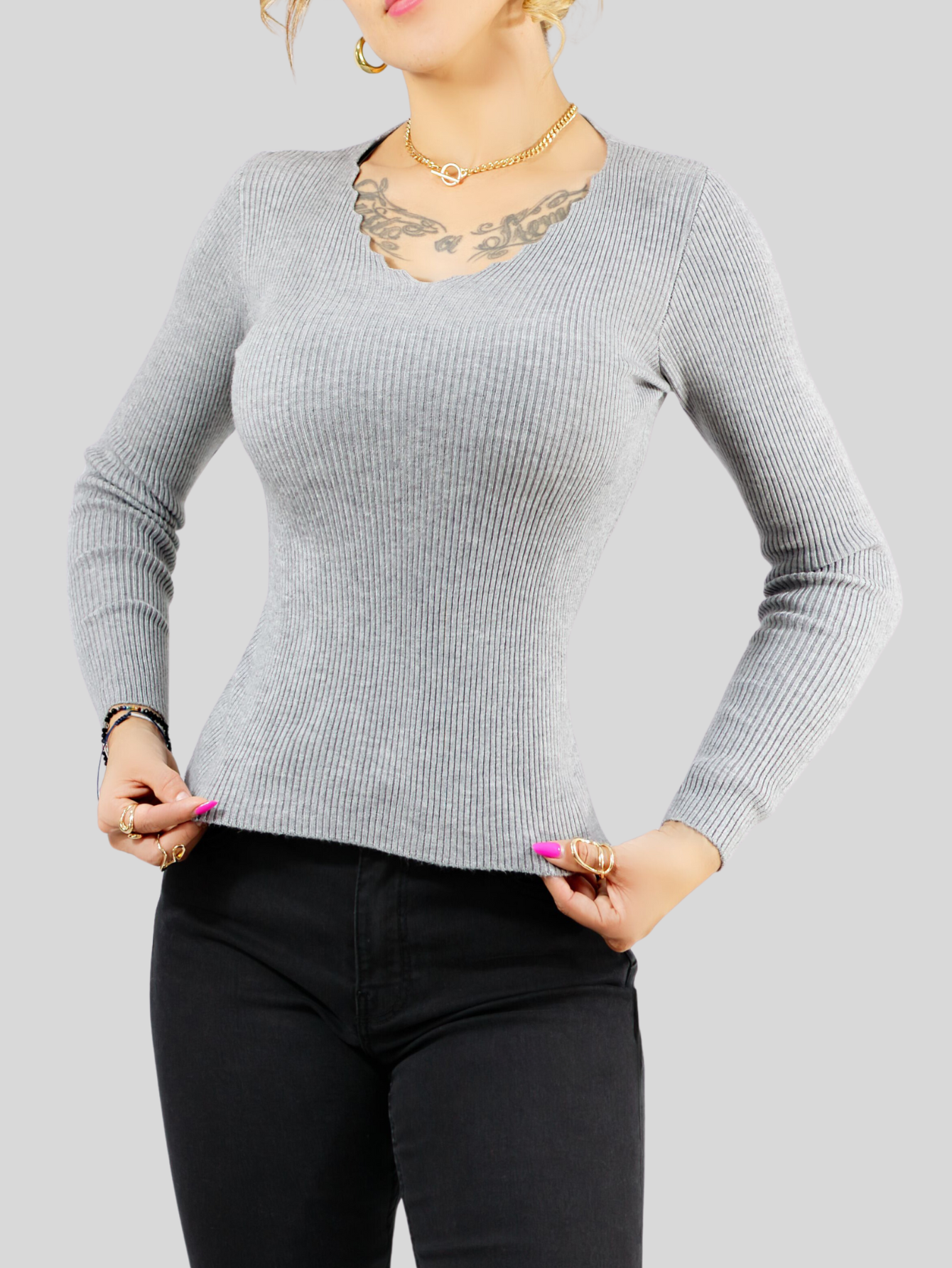 Foto 5 pulgar | Suéter Cuello V Suet-1011-gris Sweaters para Mujer
