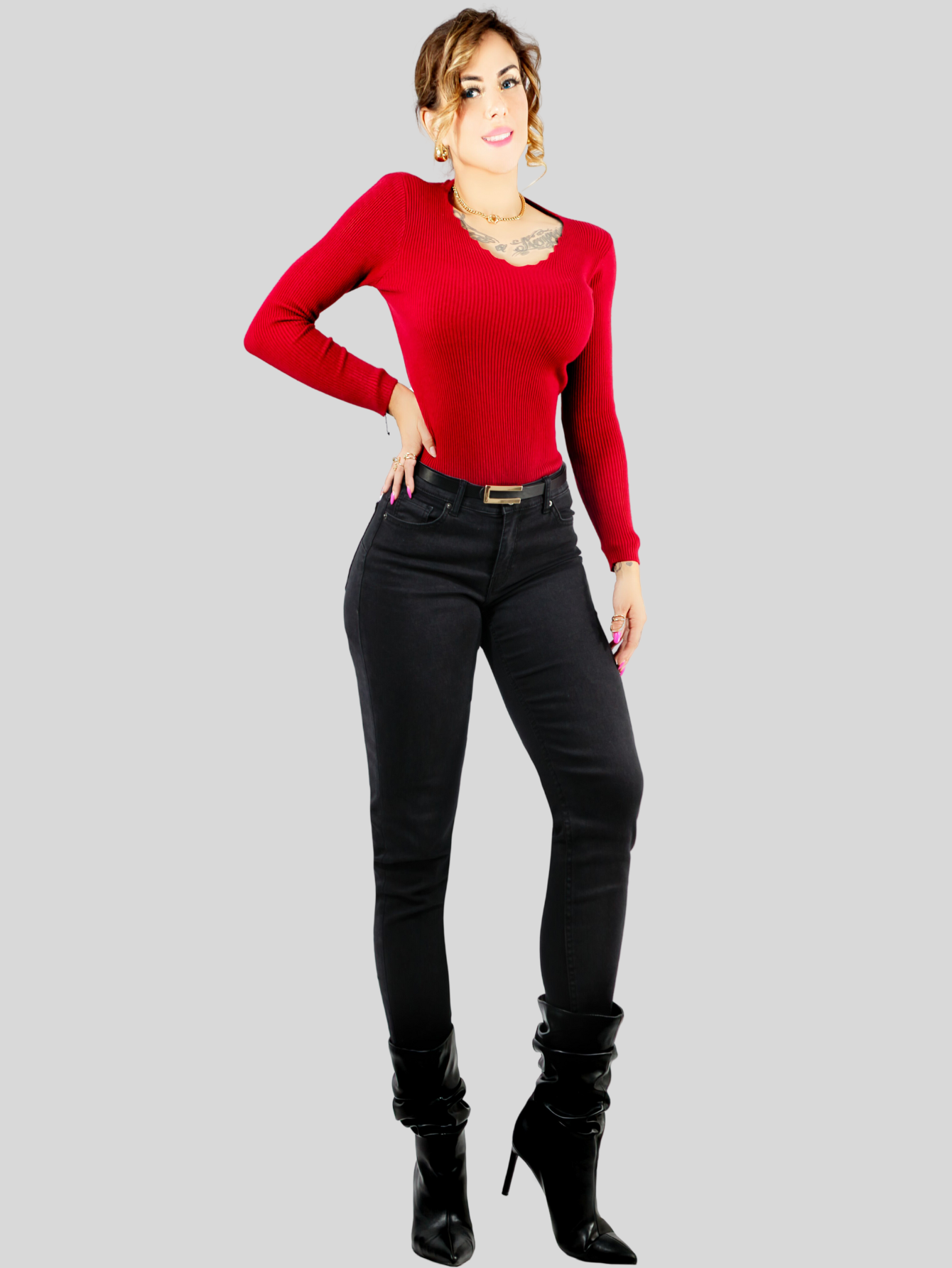 Foto 2 | Suéter para Mujer Cuello V Canalé Rojo