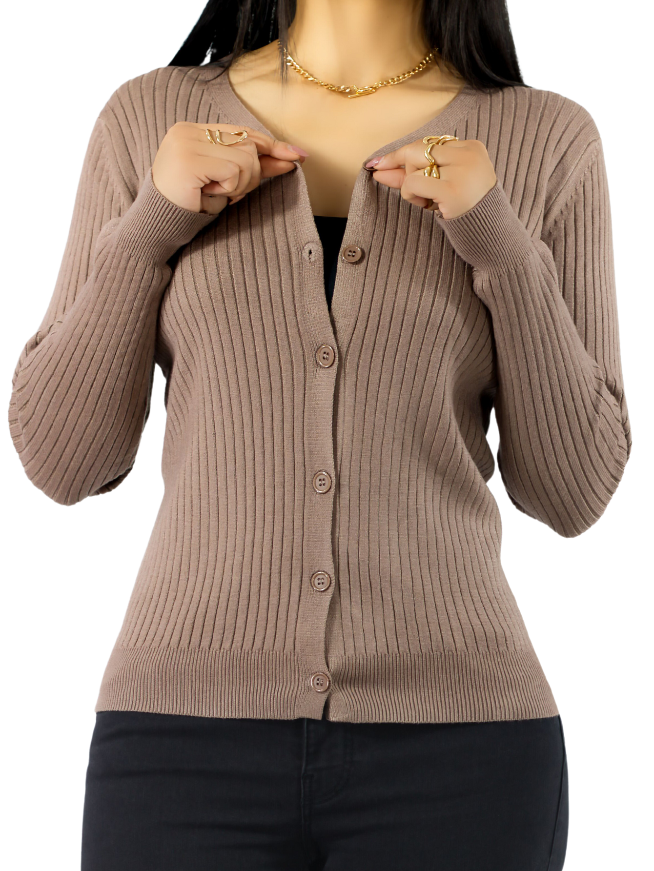 Suéter Para Mujer De Manga Larga Con Botones A Juego Sweater Dama De Punto Abrigo Suéteres Suet-1043 Café Claro
