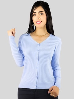 Foto 4 | Suéter Para Mujer De Manga Larga Con Botones A Juego Sweater Dama De Punto Abrigo Suéteres Suet-1043 Azul Claro J