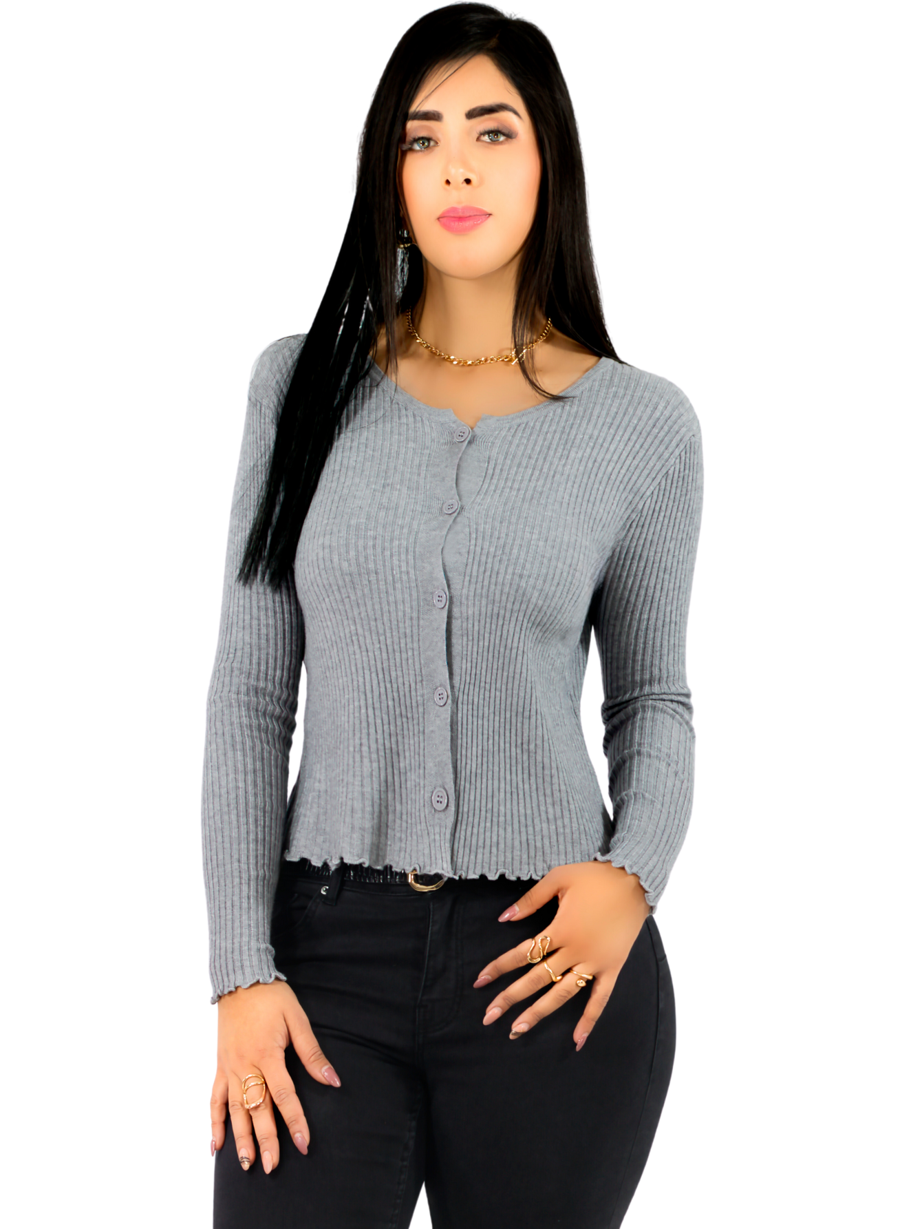 Sueter De Mujer Manga Larga Sueteres Botones Suet-1042 Gris Sweaters Punto