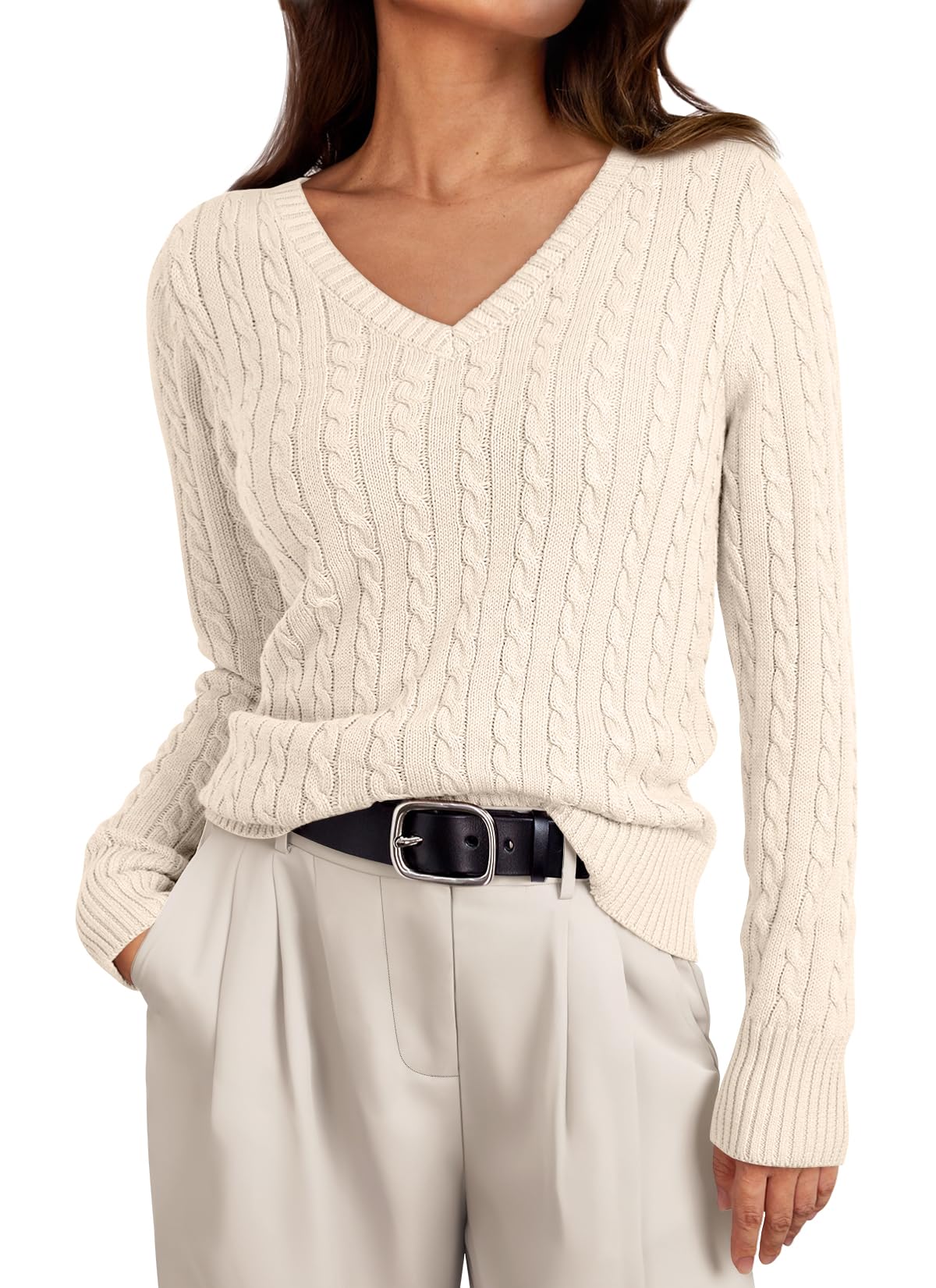 Foto 2 pulgar | Jersey Lillusory De Punto Trenzado Con Cuello En V Para Mujer, Color Crema, Talla M - Venta Internacional.