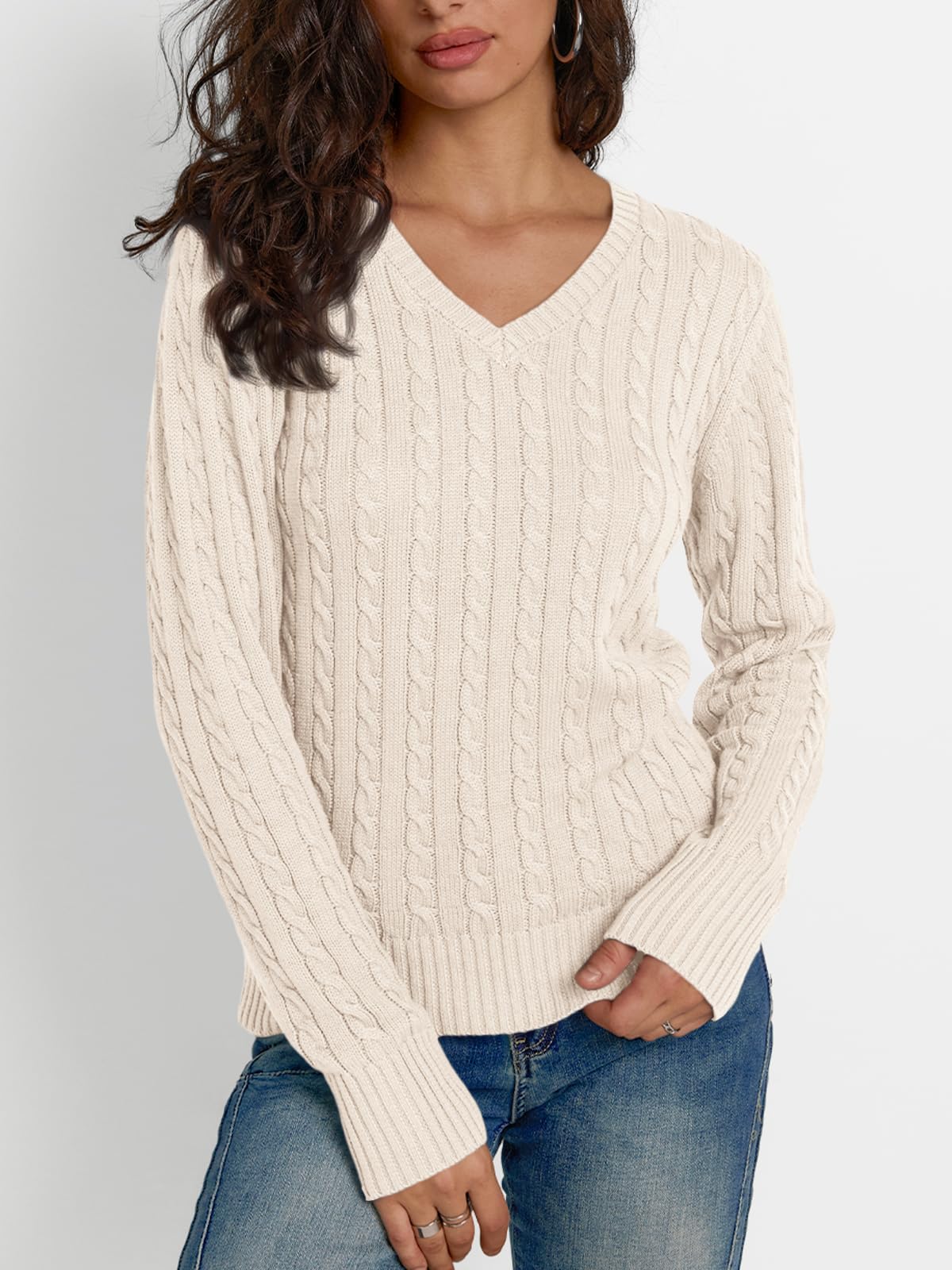 Foto 3 pulgar | Jersey Lillusory De Punto Trenzado Con Cuello En V Para Mujer, Color Crema, Talla M - Venta Internacional.