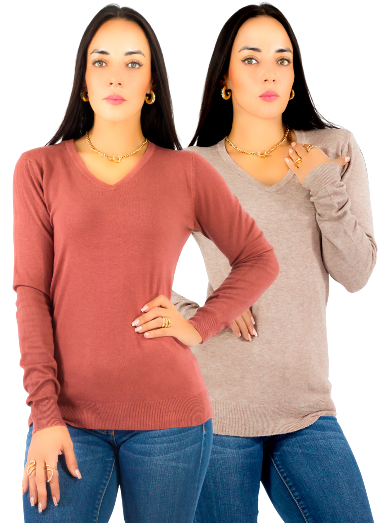 Foto 2 pulgar | Set De 2 Sueteres Mujer Cuello V Manga Larga Suet-1003 Variedad De Colores Sueteres De Punto Sweaters