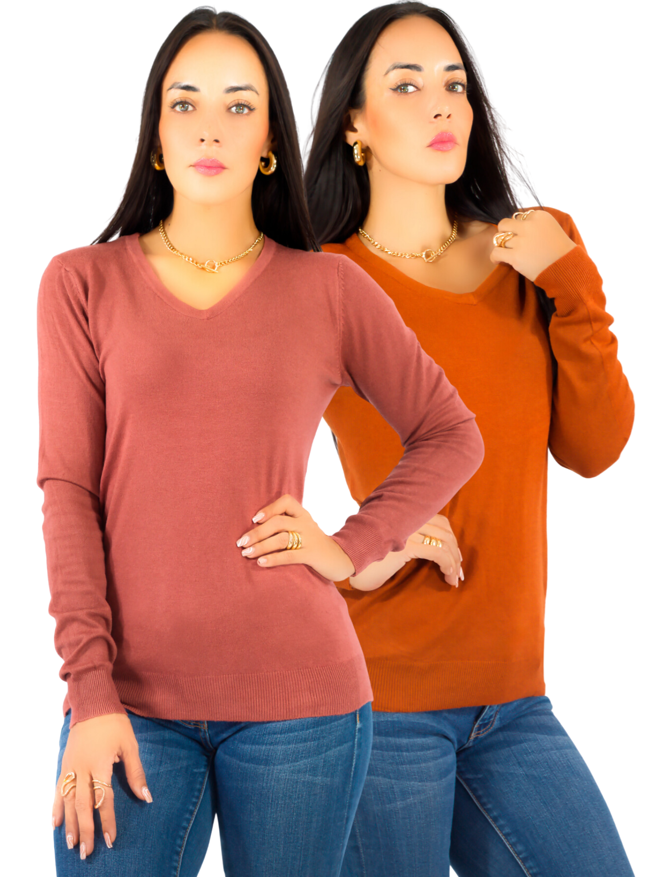 Foto 2 pulgar | Set De 2 Sueteres Mujer Cuello V Manga Larga Suet-1003 Variedad De Colores Sueteres De Punto Sweaters