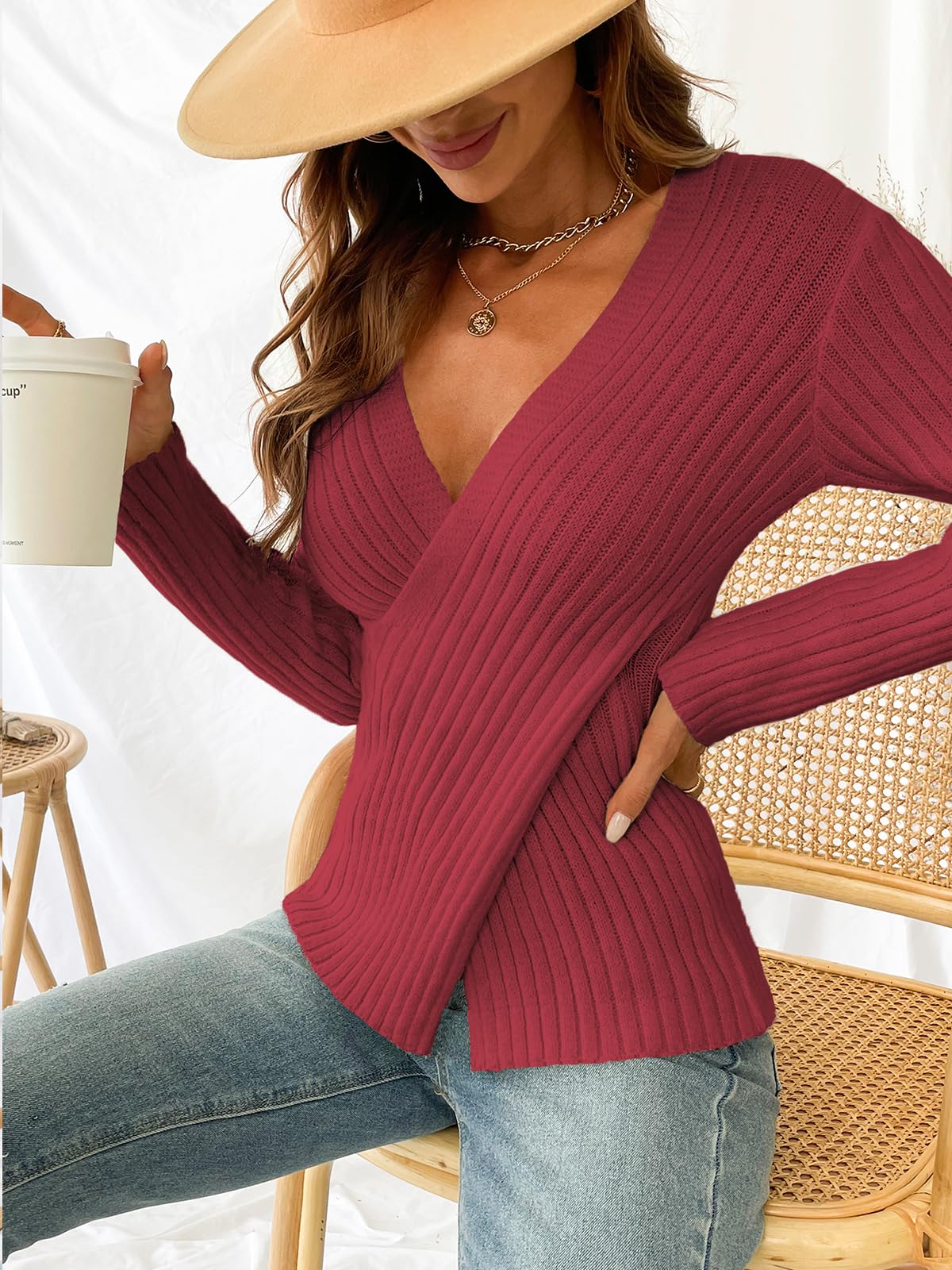 Foto 3 pulgar | Jersey Cupshe Acanalado De Manga Larga Con Cuello En V Para Mujer, Otoño 2024 - Venta Internacional.