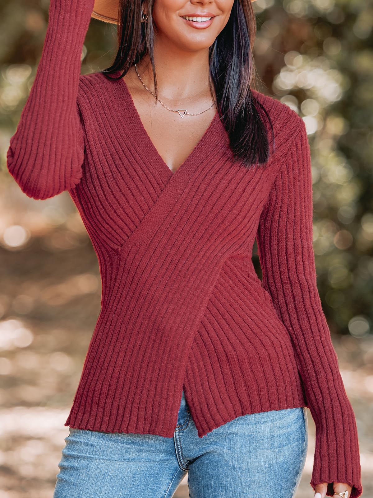 Foto 4 pulgar | Jersey Cupshe Acanalado De Manga Larga Con Cuello En V Para Mujer, Otoño 2024 - Venta Internacional.