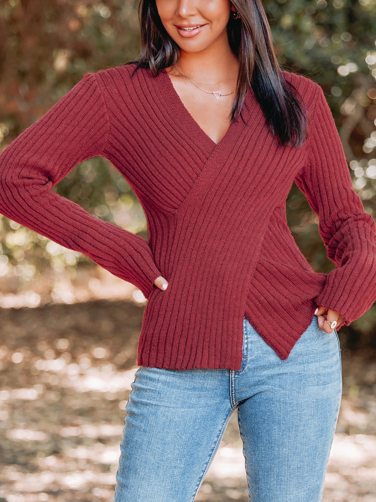 Foto 5 pulgar | Jersey Cupshe Acanalado De Manga Larga Con Cuello En V Para Mujer, Otoño 2024 - Venta Internacional.