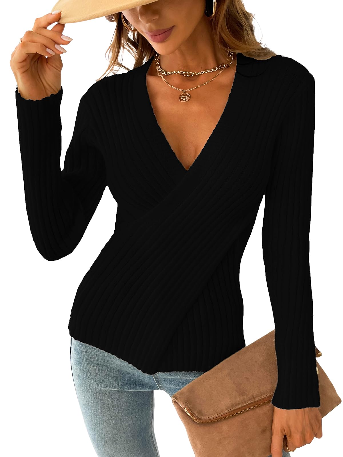 Foto 1 | Jersey Cupshe Acanalado De Manga Larga Con Cuello En V 2024 Fall Black S - Venta Internacional.