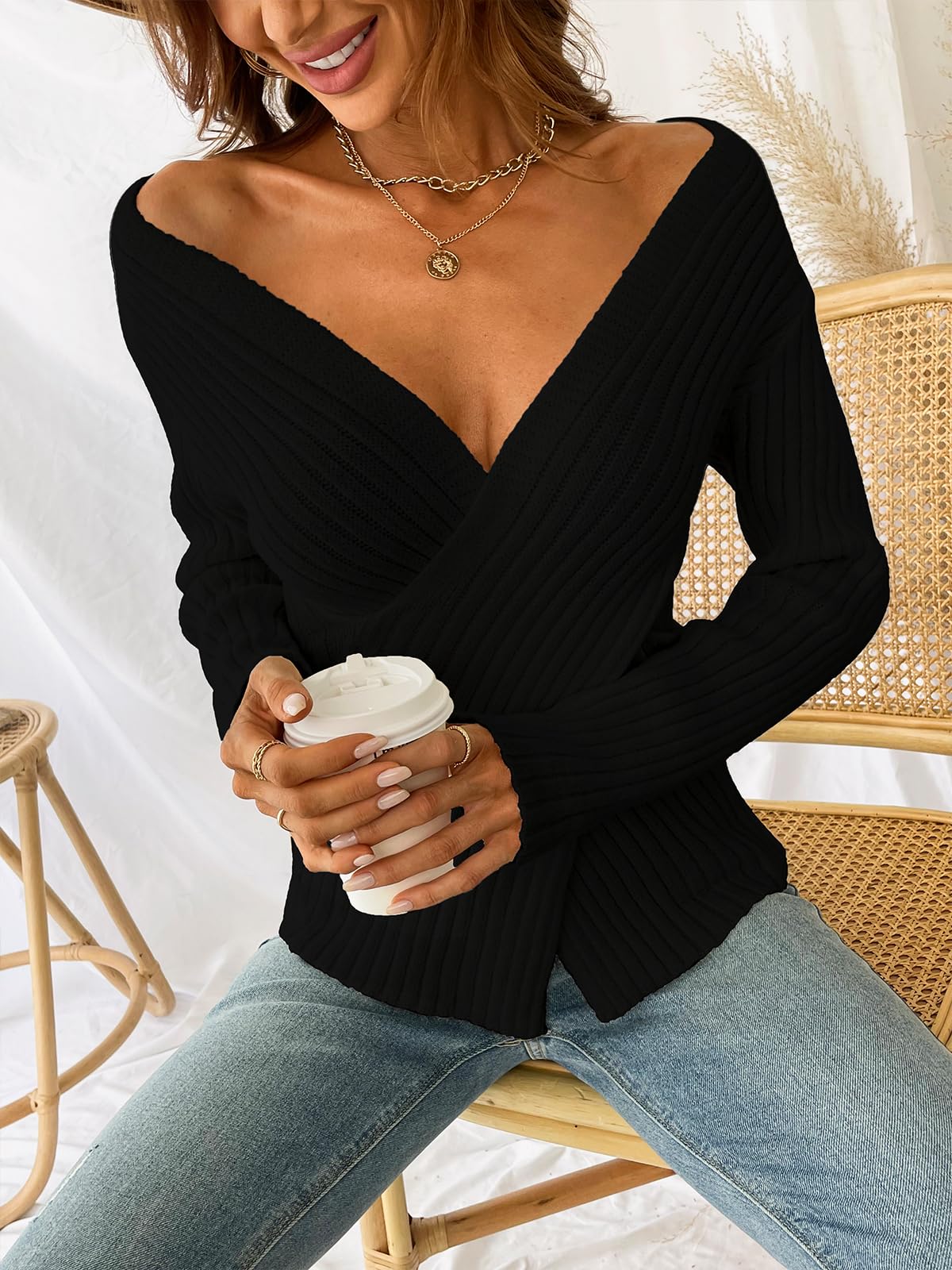 Foto 4 pulgar | Jersey Cupshe Acanalado De Manga Larga Con Cuello En V 2024 Fall Black S - Venta Internacional.