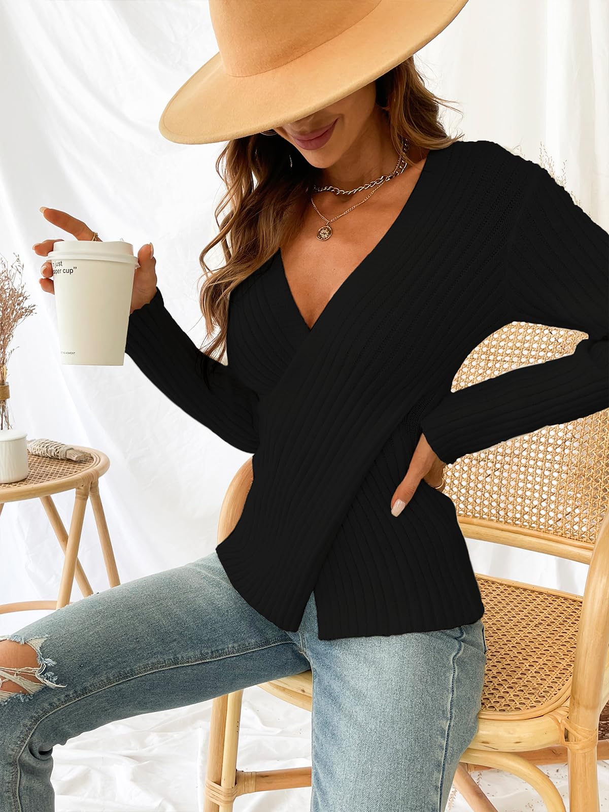 Foto 5 pulgar | Jersey Cupshe Acanalado De Manga Larga Con Cuello En V 2024 Fall Black S - Venta Internacional.