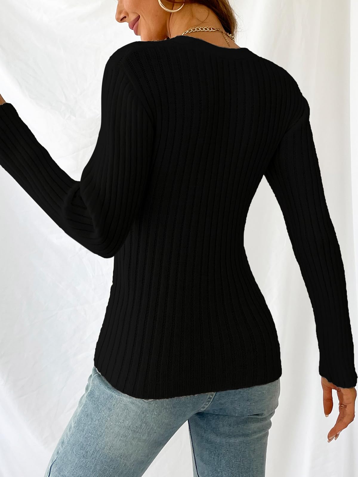 Foto 6 pulgar | Jersey Cupshe Acanalado De Manga Larga Con Cuello En V 2024 Fall Black S - Venta Internacional.