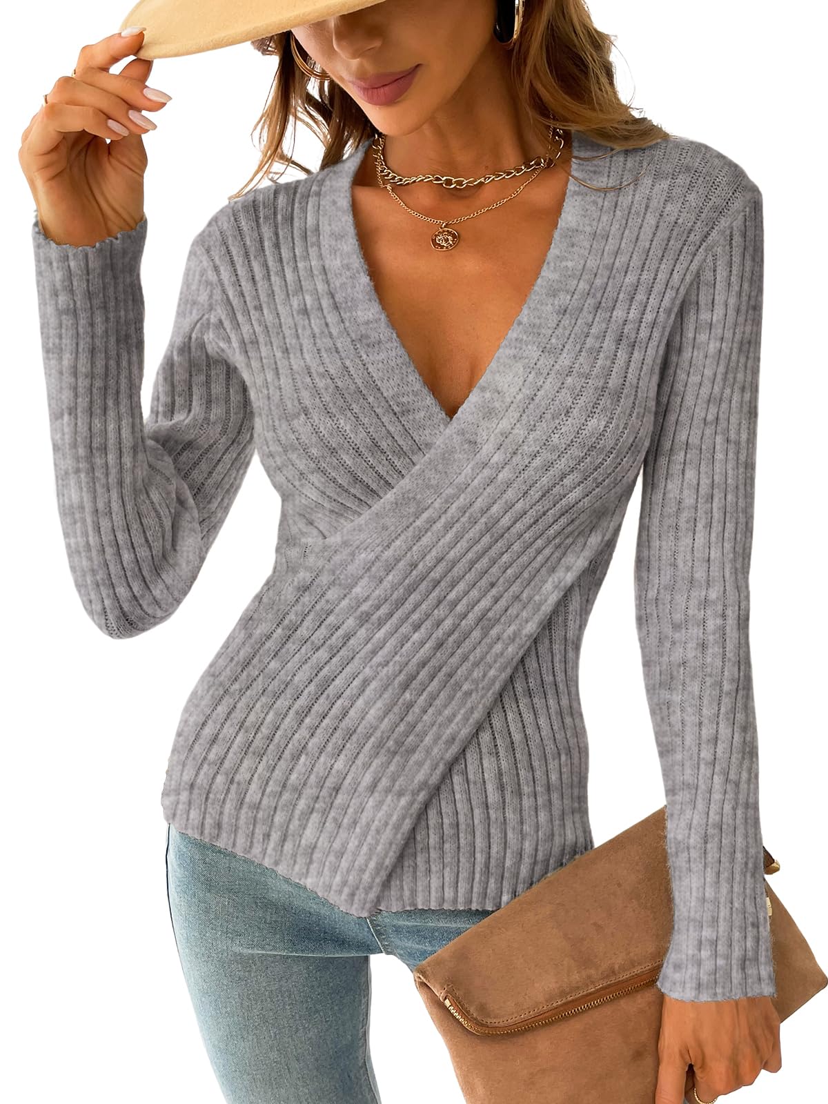 Foto 2 pulgar | Jersey Cupshe Acanalado De Manga Larga Con Cuello En V 2024, Color Gris Otoñal Para Mujer - Venta Internacional.