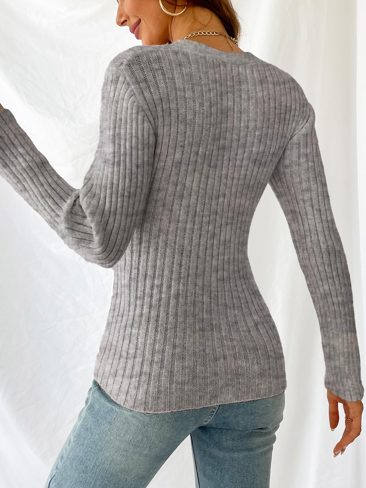 Foto 6 pulgar | Jersey Cupshe Acanalado De Manga Larga Con Cuello En V 2024, Color Gris Otoñal Para Mujer - Venta Internacional.