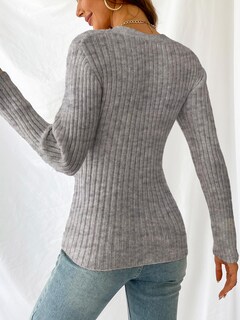 Foto 5 | Jersey Cupshe Acanalado De Manga Larga Con Cuello En V 2024, Color Gris Otoñal Para Mujer - Venta Internacional.
