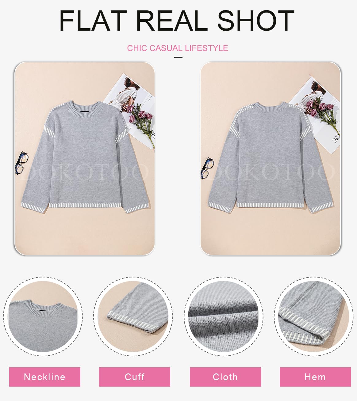 Foto 6 pulgar | Jersey Dokotoo Para Mujer, Manga Larga, Cuello Redondo, Color Gris, Talla S - Venta Internacional.