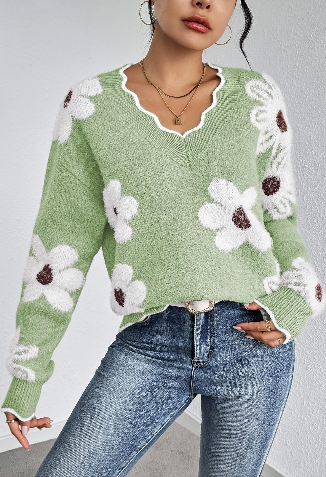 Foto 4 | Jersey Pink Queen Para Mujer De Manga Larga Con Cuello En V, Color Verde Claro - Venta Internacional.