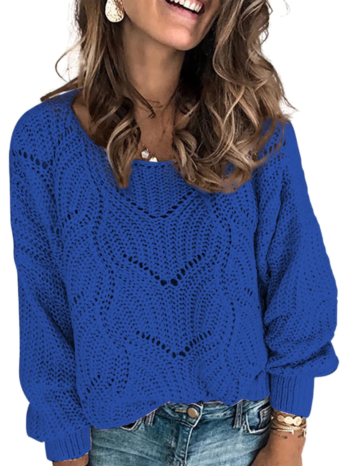Foto 2 pulgar | Jersey Dokotoo Para Mujer, Manga Larga, Hueco, Punto Grueso, Azul - Venta Internacional.