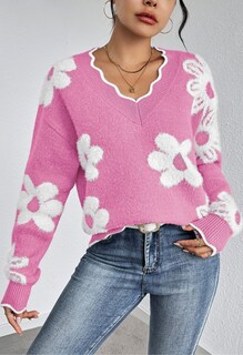 Foto 4 | Jersey Pink Queen Para Mujer, Cuello En V, Manga Larga, Túnica Peluda - Venta Internacional.