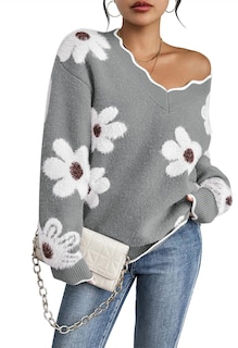 Foto 1 | Jersey Rosa Con Cuello En V, Cuello En V, Gran Tamaño, Estampado De Flores, Gris L - Venta Internacional.