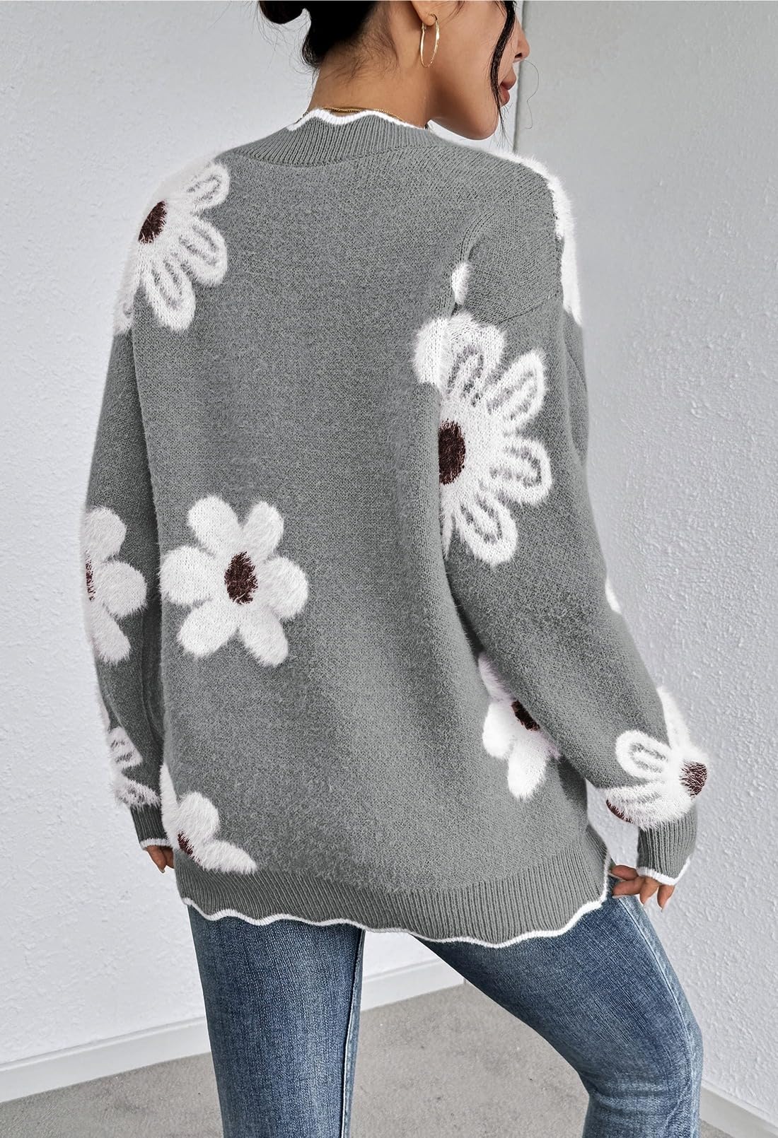 Foto 4 pulgar | Jersey Rosa Con Cuello En V, Cuello En V, Gran Tamaño, Estampado De Flores, Gris L - Venta Internacional.