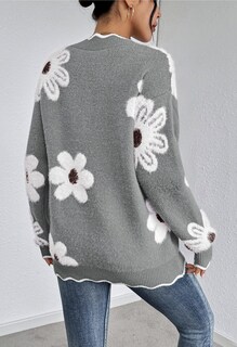 Foto 3 | Jersey Rosa Con Cuello En V, Cuello En V, Gran Tamaño, Estampado De Flores, Gris L - Venta Internacional.