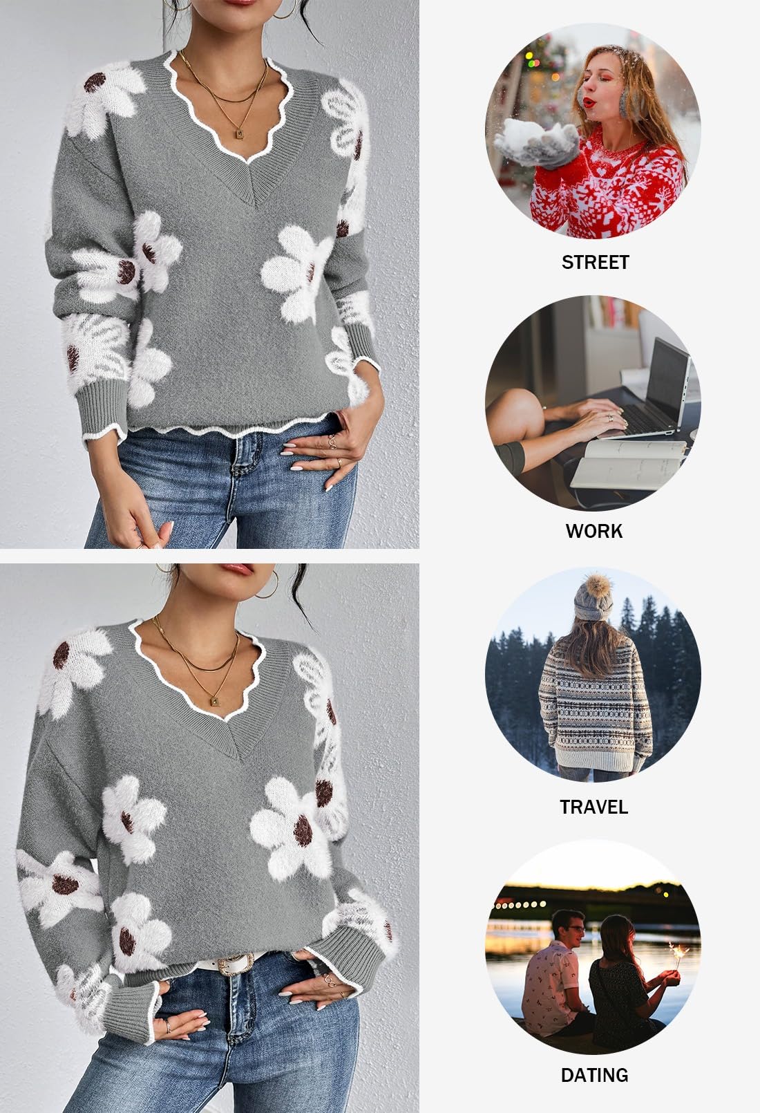 Foto 5 | Jersey Rosa Con Cuello En V, Cuello En V, Gran Tamaño, Estampado De Flores, Gris L - Venta Internacional.