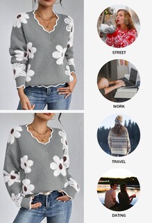 Foto 5 | Jersey Rosa Con Cuello En V, Cuello En V, Gran Tamaño, Estampado De Flores, Gris L - Venta Internacional.