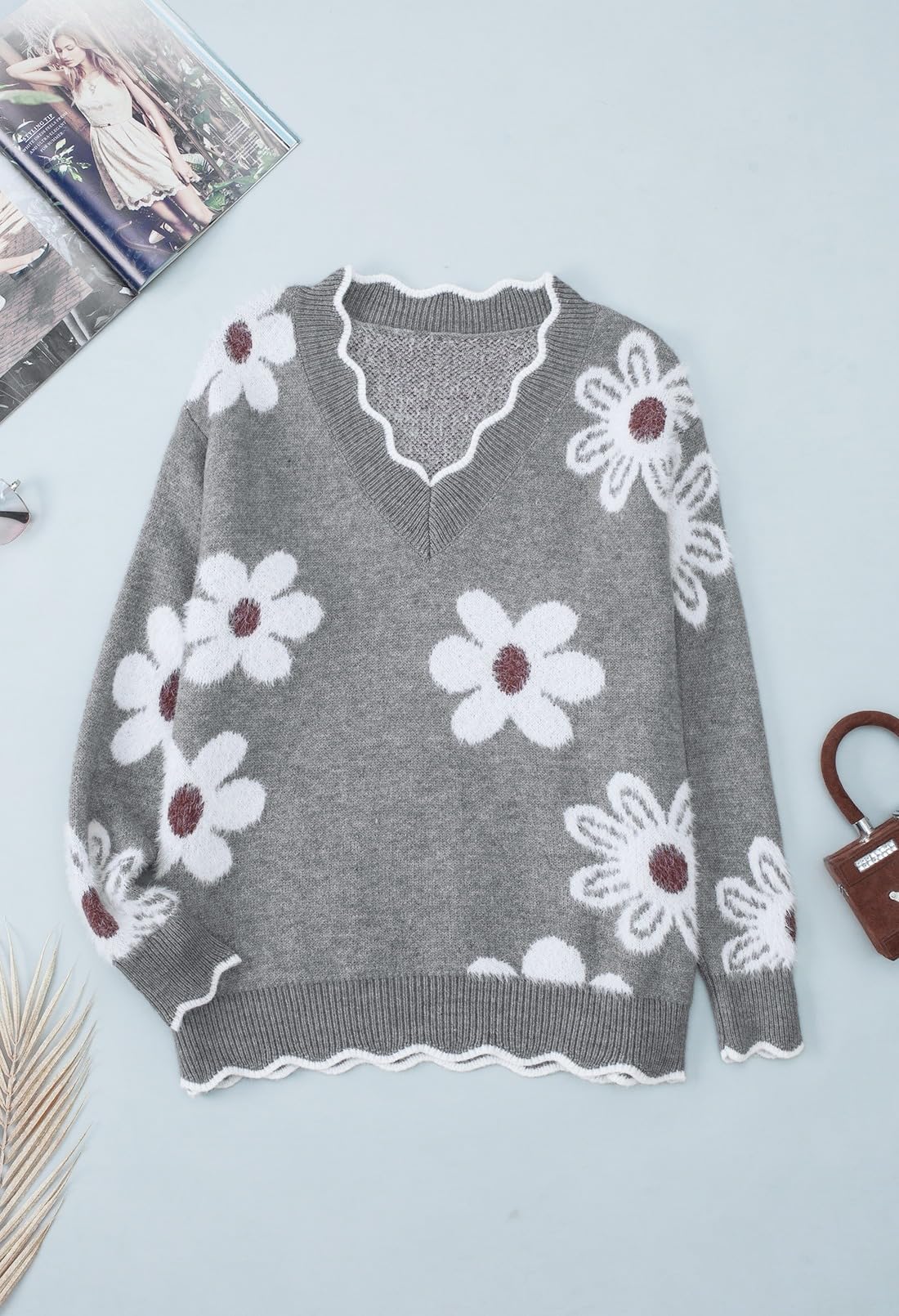 Foto 7 | Jersey Rosa Con Cuello En V, Cuello En V, Gran Tamaño, Estampado De Flores, Gris L - Venta Internacional.