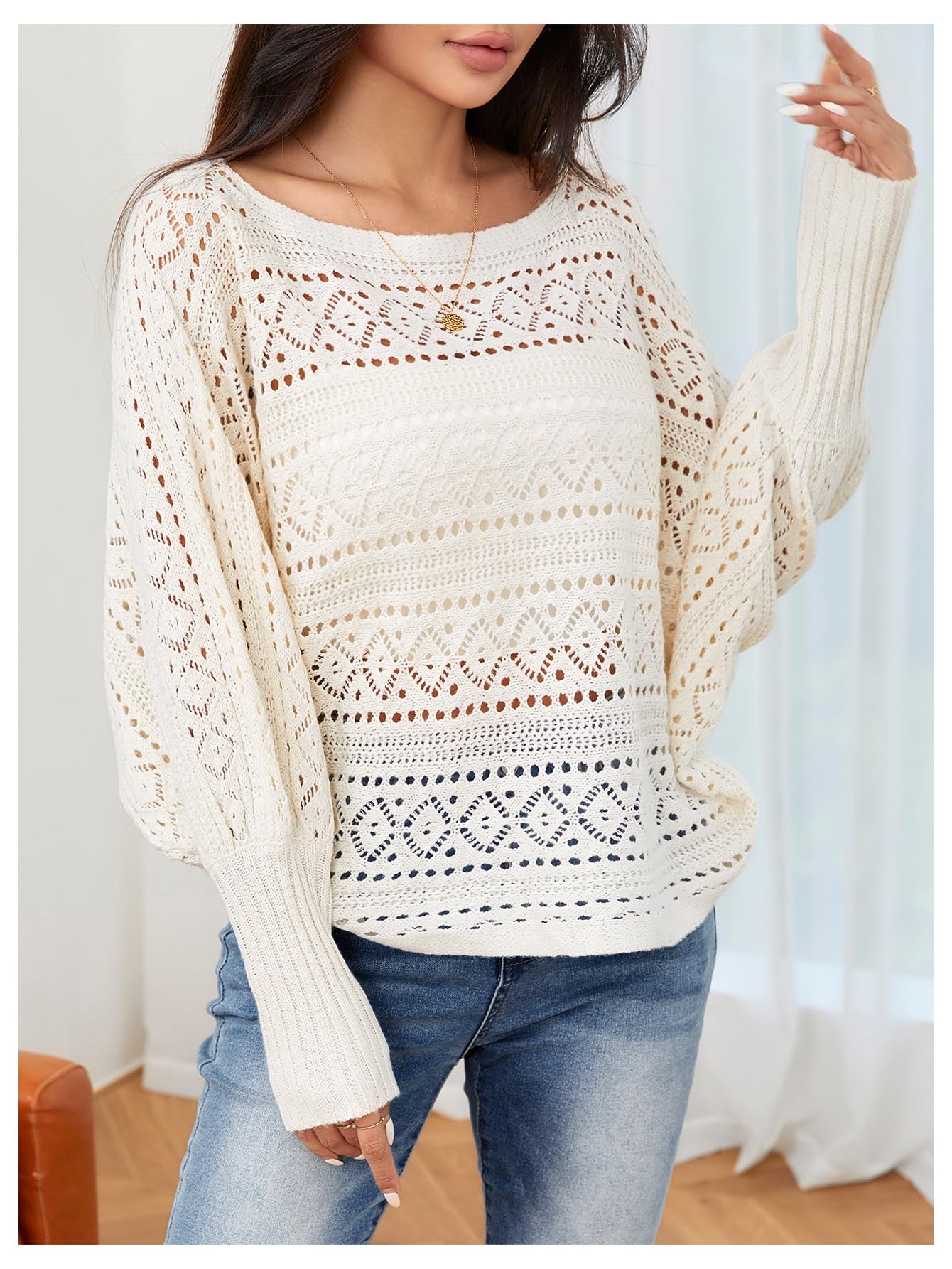 Foto 3 | Jersey Verdusa De Ganchillo Con Mangas Dolman Y Cuello Barco, Color Albaricoque - Venta Internacional.