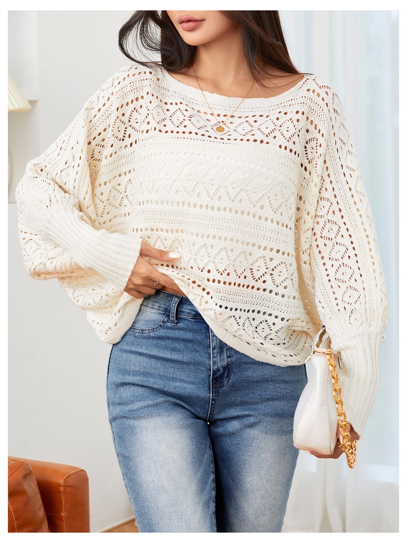 Foto 5 | Jersey Verdusa De Ganchillo Con Mangas Dolman Y Cuello Barco, Color Albaricoque - Venta Internacional.