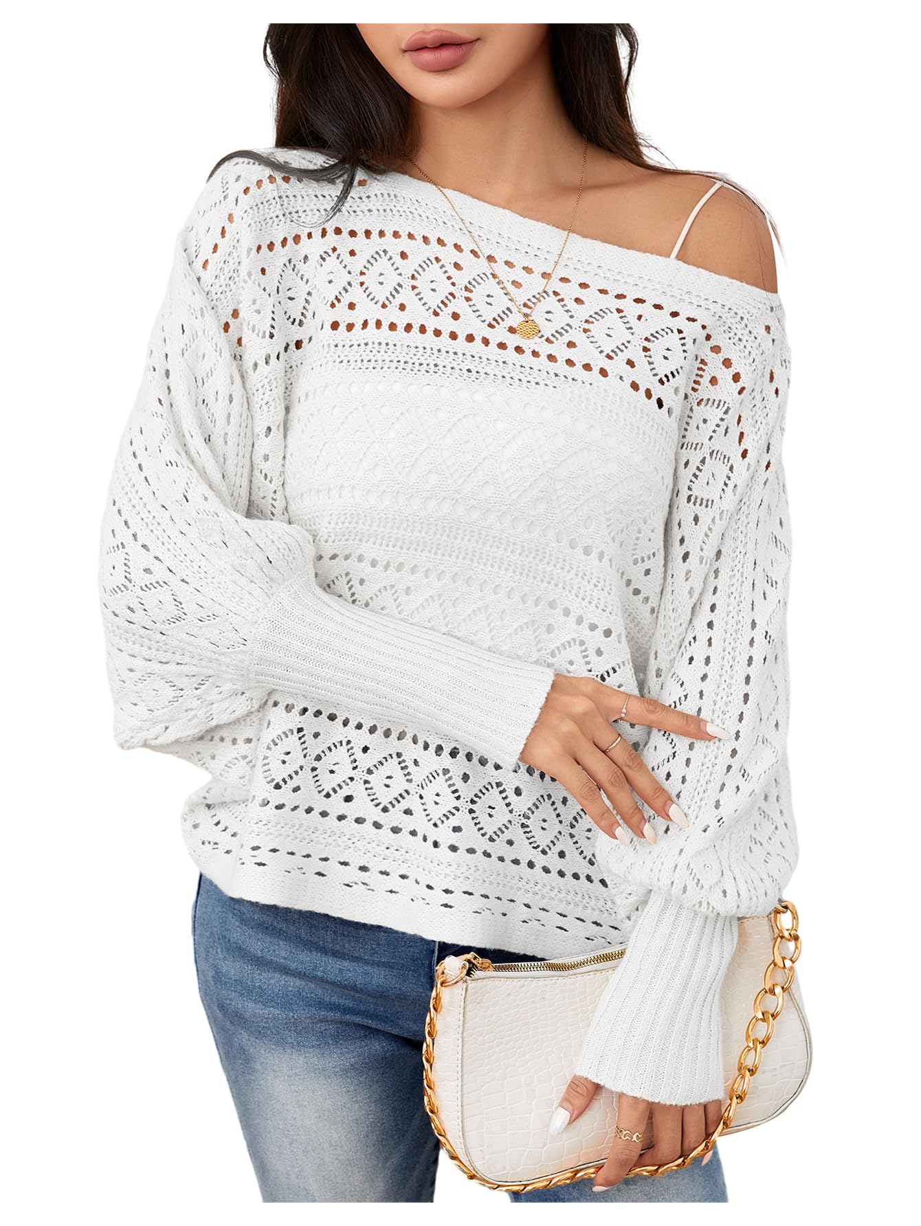 Foto 1 | Jersey Verdusa De Ganchillo Con Mangas Tipo Dolman Y Cuello Barco, Blanco - Venta Internacional.