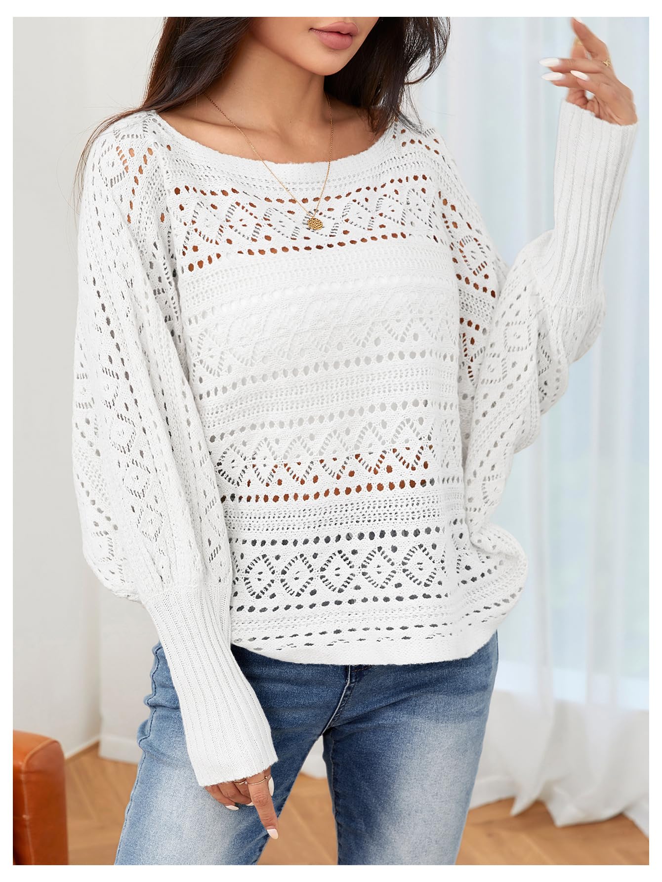 Foto 4 pulgar | Jersey Verdusa De Ganchillo Con Mangas Tipo Dolman Y Cuello Barco, Blanco - Venta Internacional.