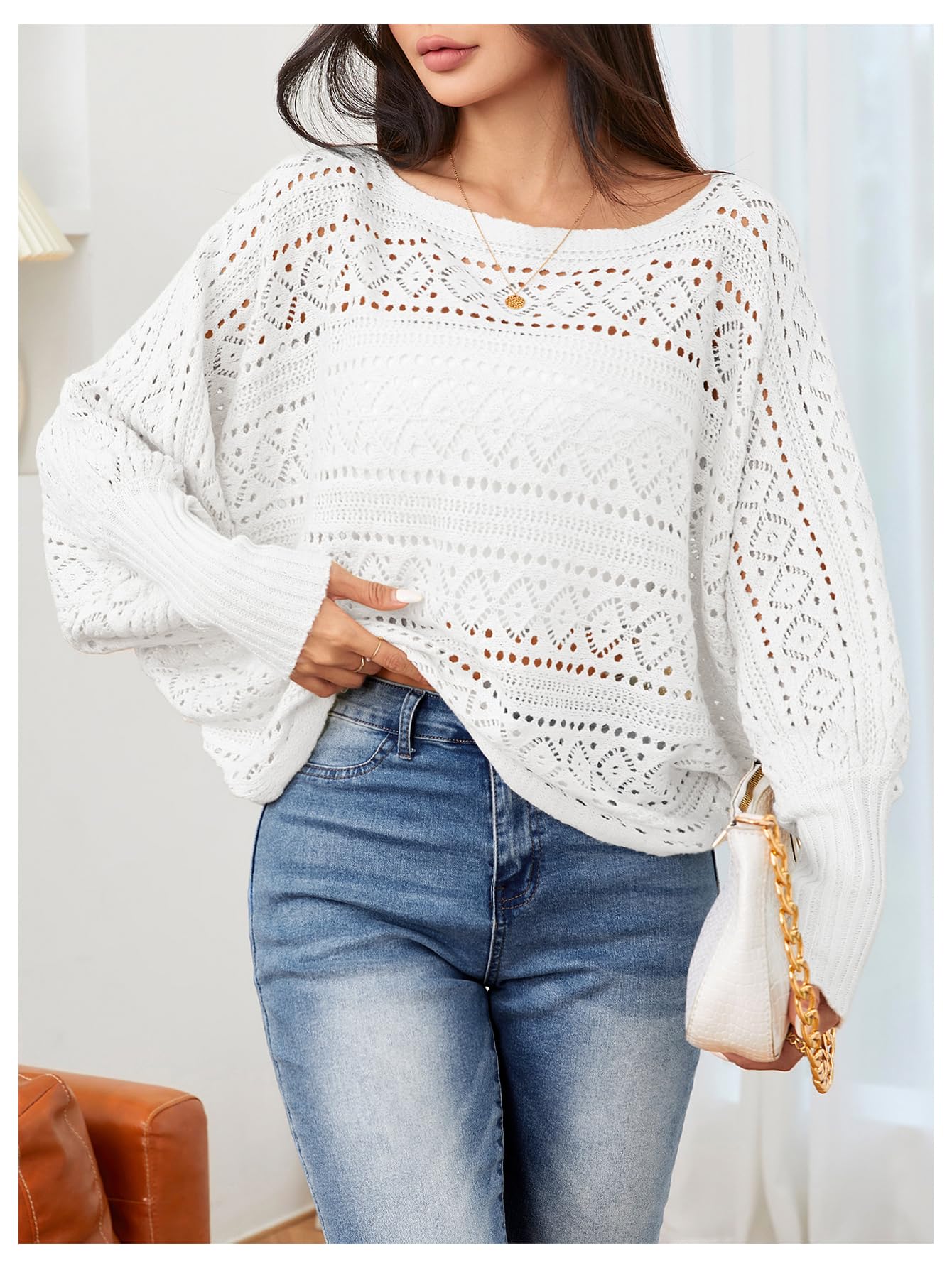 Foto 5 | Jersey Verdusa De Ganchillo Con Mangas Tipo Dolman Y Cuello Barco, Blanco - Venta Internacional.