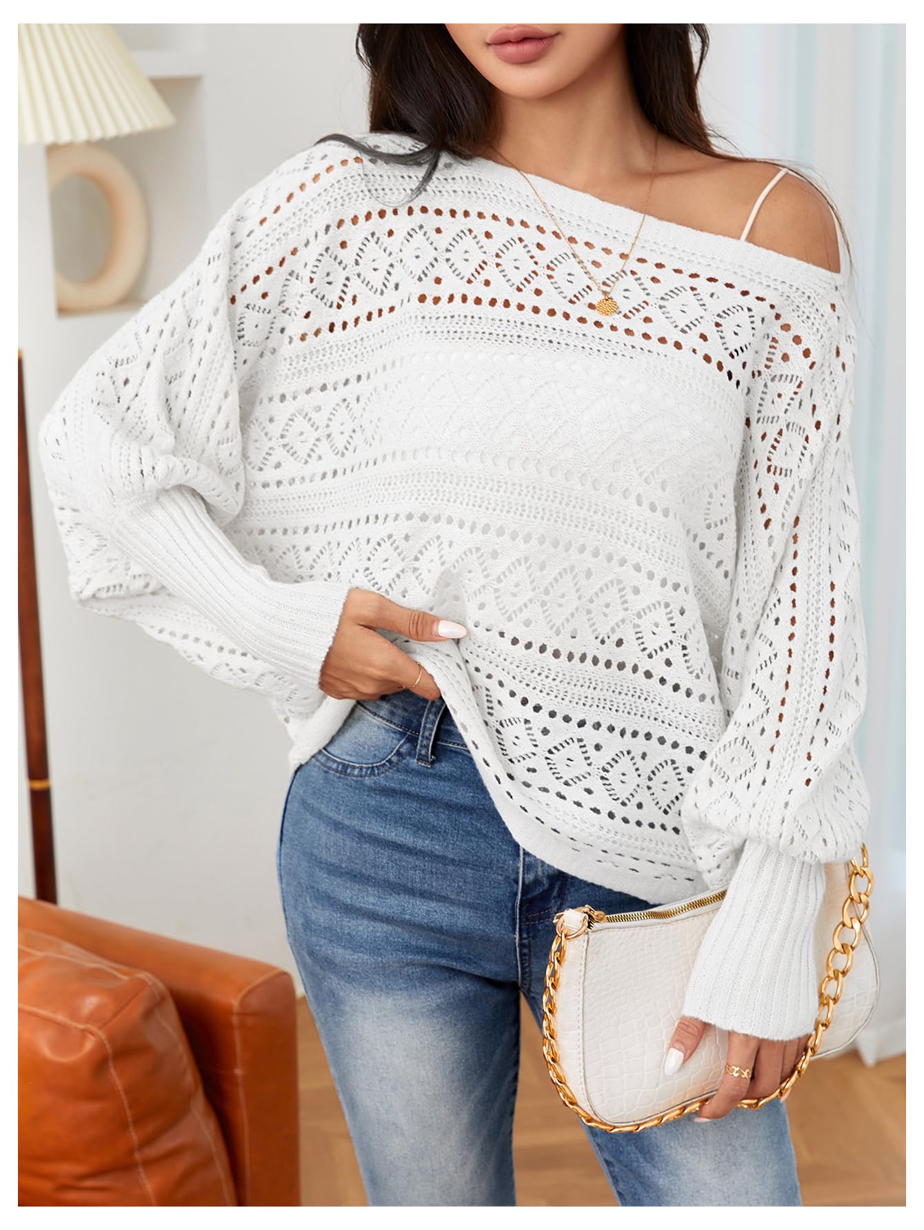 Foto 6 | Jersey Verdusa De Ganchillo Con Mangas Tipo Dolman Y Cuello Barco, Blanco - Venta Internacional.