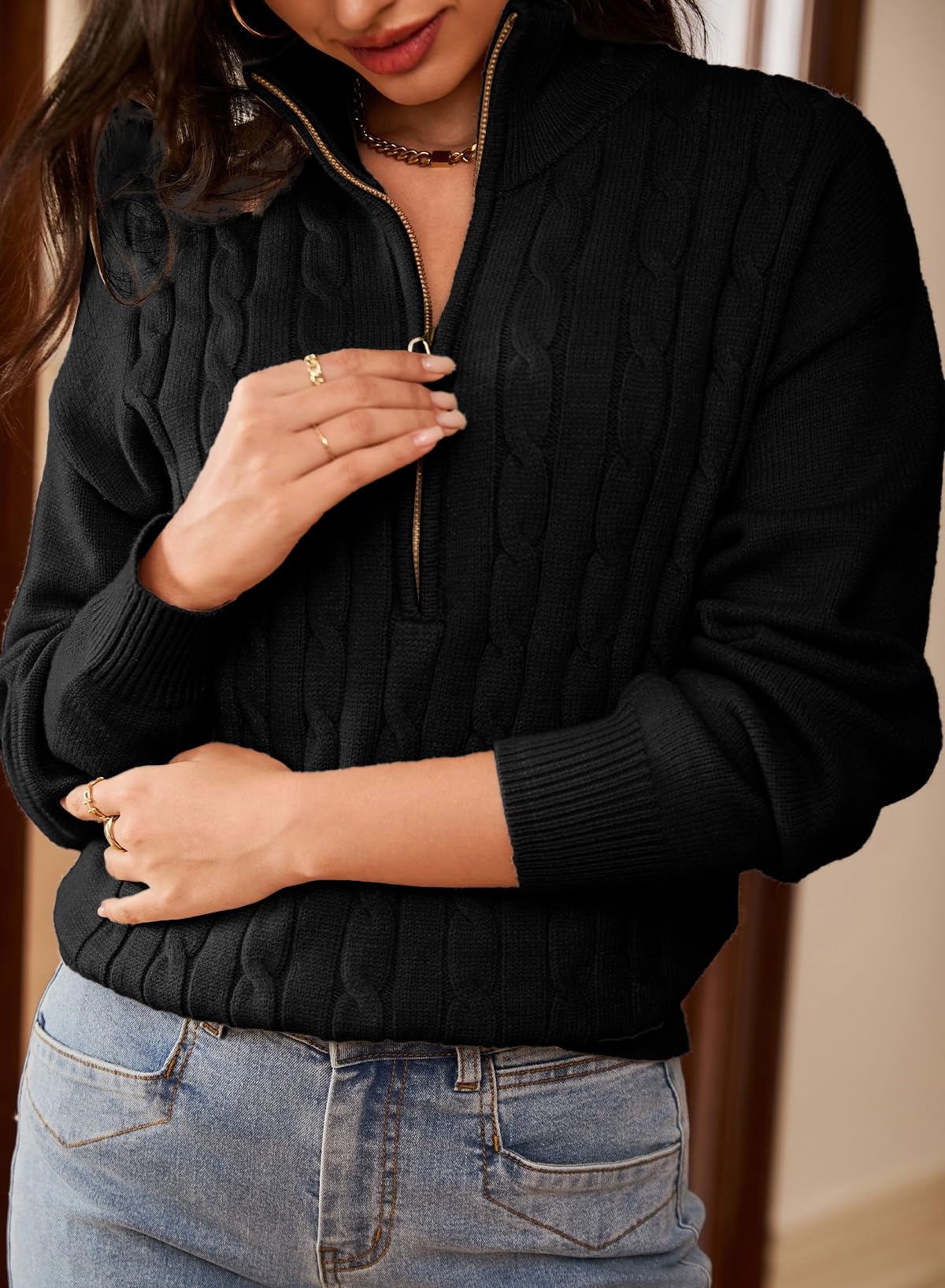 Foto 4 pulgar | Jersey Dokotoo Negro Acanalado Con Cuello En V Y Cremallera Para Mujer Otoño-invierno - Venta Internacional.