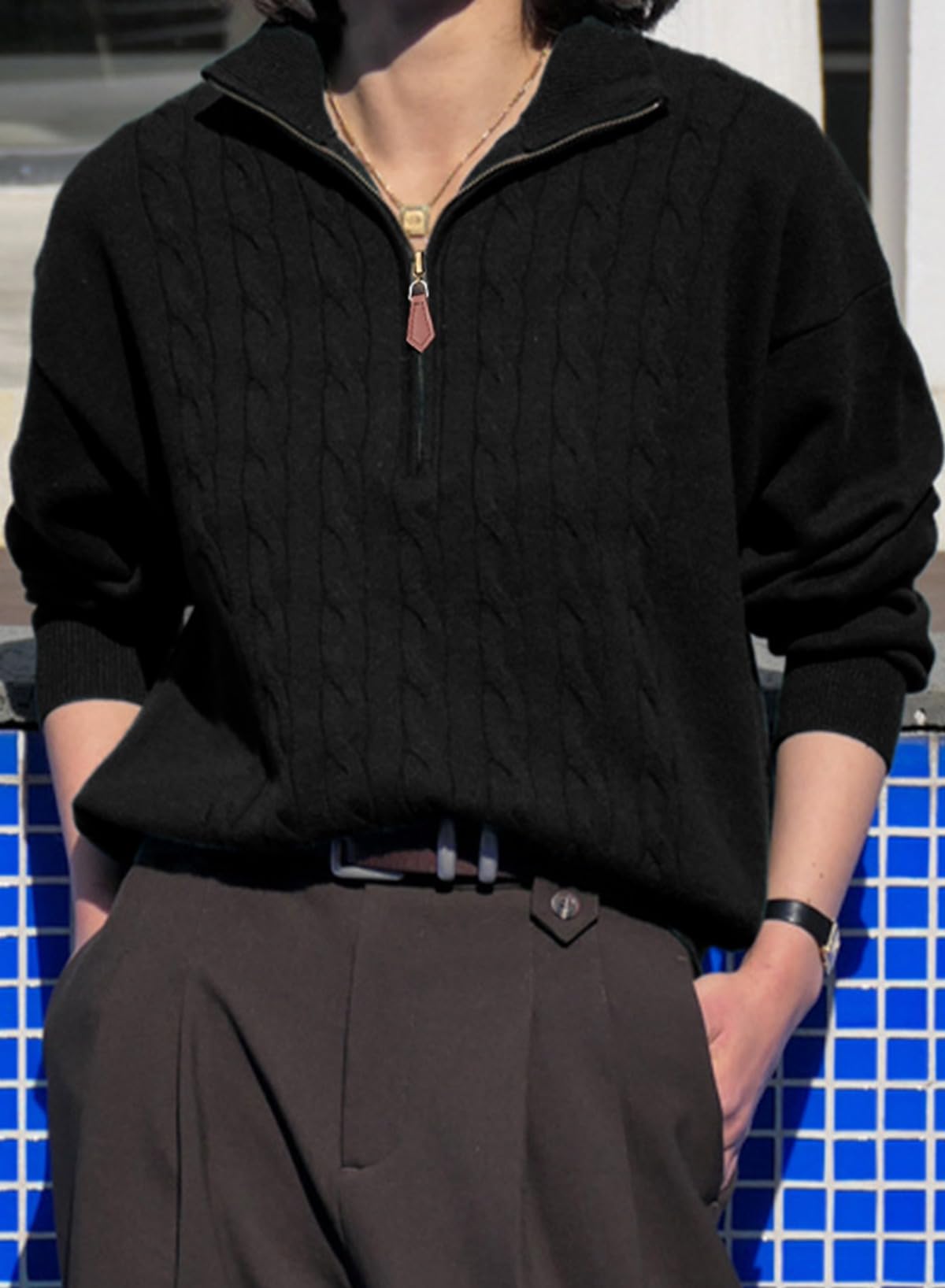 Foto 5 pulgar | Jersey Dokotoo Negro Acanalado Con Cuello En V Y Cremallera Para Mujer Otoño-invierno - Venta Internacional.
