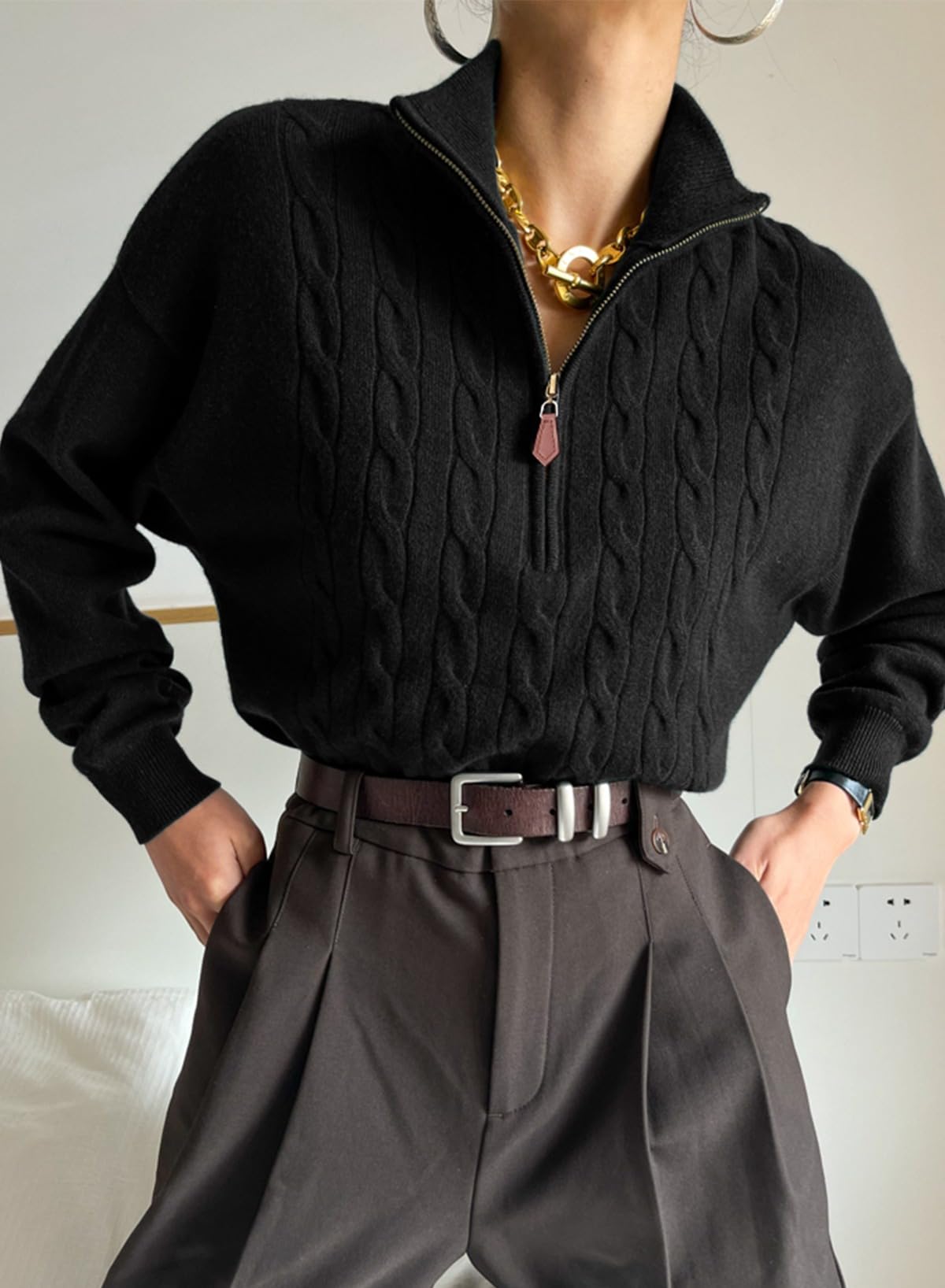 Foto 6 pulgar | Jersey Dokotoo Negro Acanalado Con Cuello En V Y Cremallera Para Mujer Otoño-invierno - Venta Internacional.