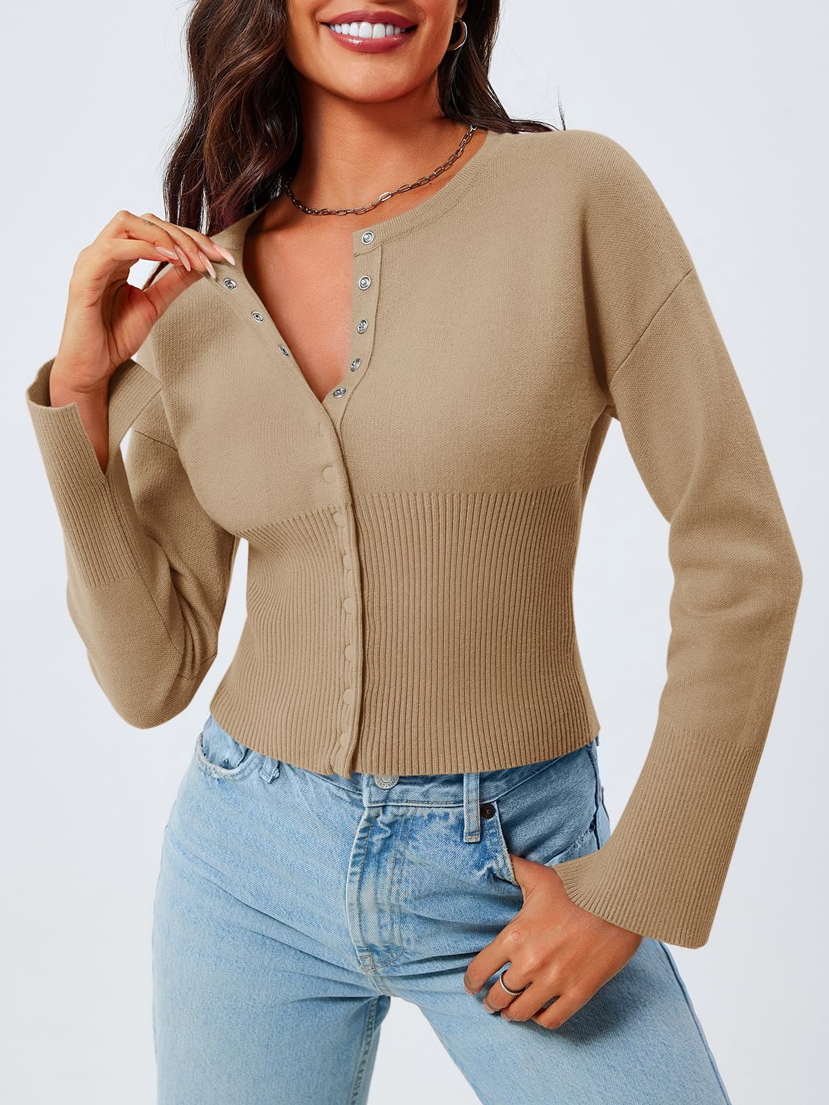 Foto 4 pulgar | Suéter Corto Saodimallsu Con Botones Y Cuello En V Para Mujer - Venta Internacional.