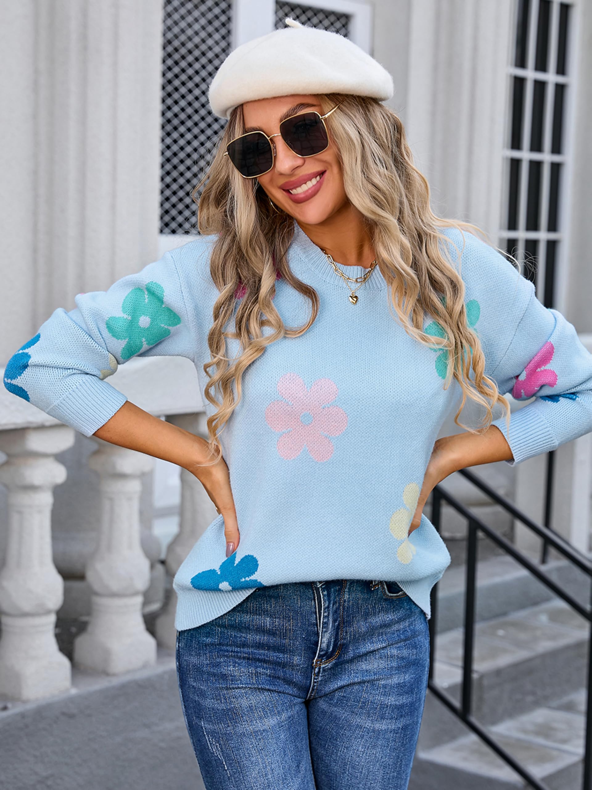 Foto 4 pulgar | Jersey Angashion Para Mujer, Cuello Redondo, Estampado Floral, Azul Claro - Venta Internacional.