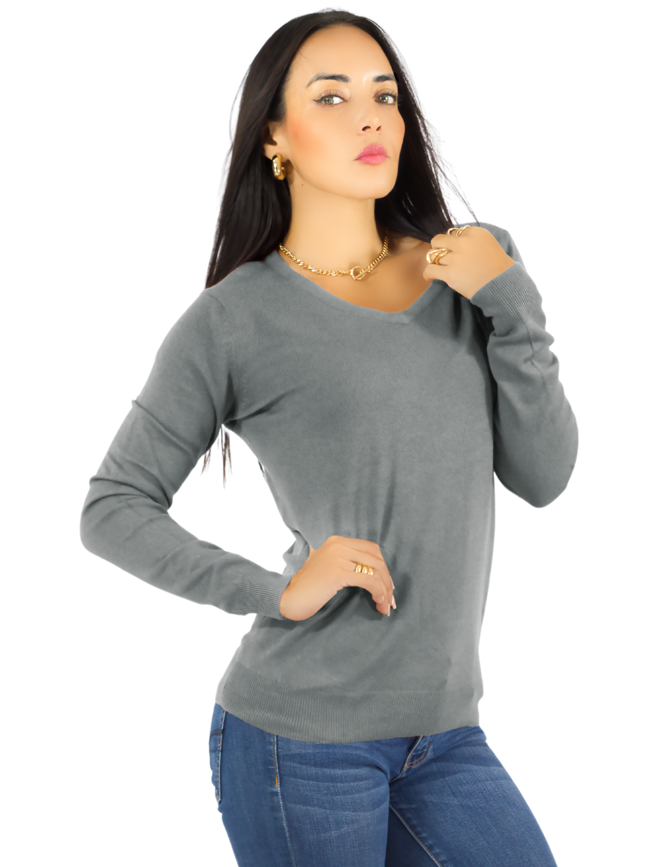 Foto 2 pulgar | Suéter Para Mujer De Manga Larga Con Cuello En V Unitalla Sweater Dama De Punto Suet-1003 Gris Casual Formal