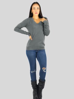 Foto 2 | Suéter Para Mujer De Manga Larga Con Cuello En V Unitalla Sweater Dama De Punto Suet-1003 Gris Casual Formal