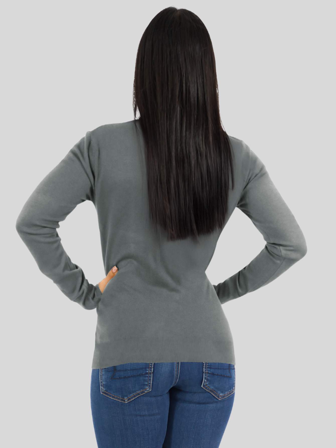 Foto 4 pulgar | Suéter Para Mujer De Manga Larga Con Cuello En V Unitalla Sweater Dama De Punto Suet-1003 Gris Casual Formal